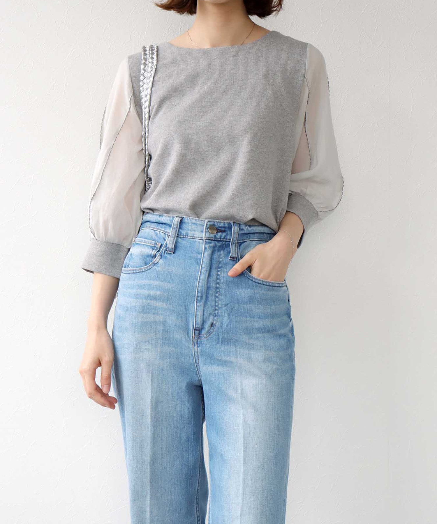 袖刺繍7分袖プルオーバーカットソー