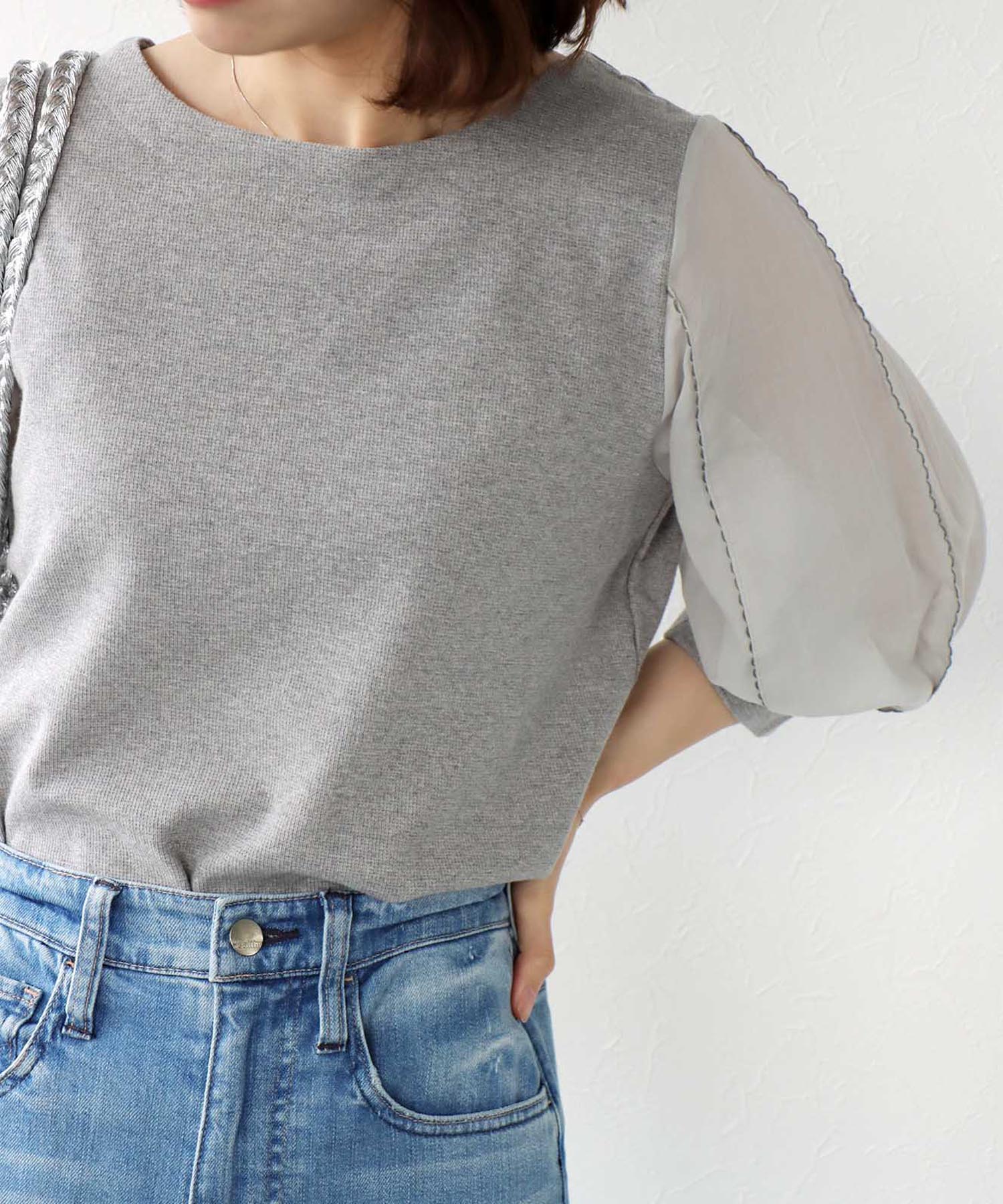 袖刺繍7分袖プルオーバーカットソー