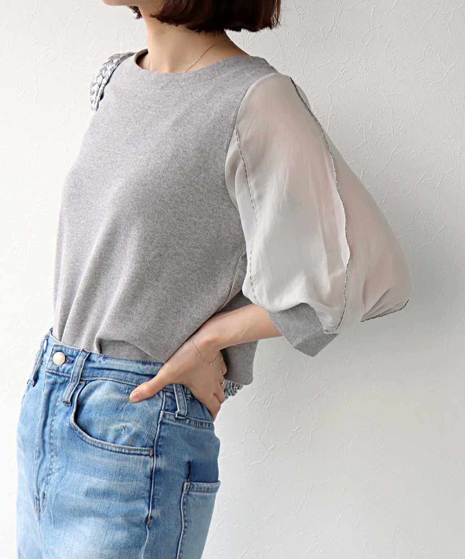 袖刺繍7分袖プルオーバーカットソー