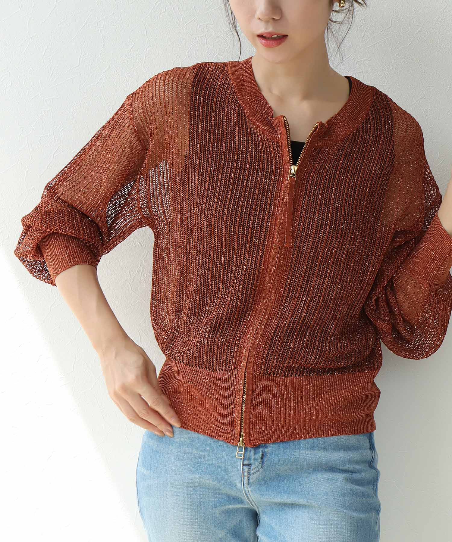 ラメニットジップカーディガン