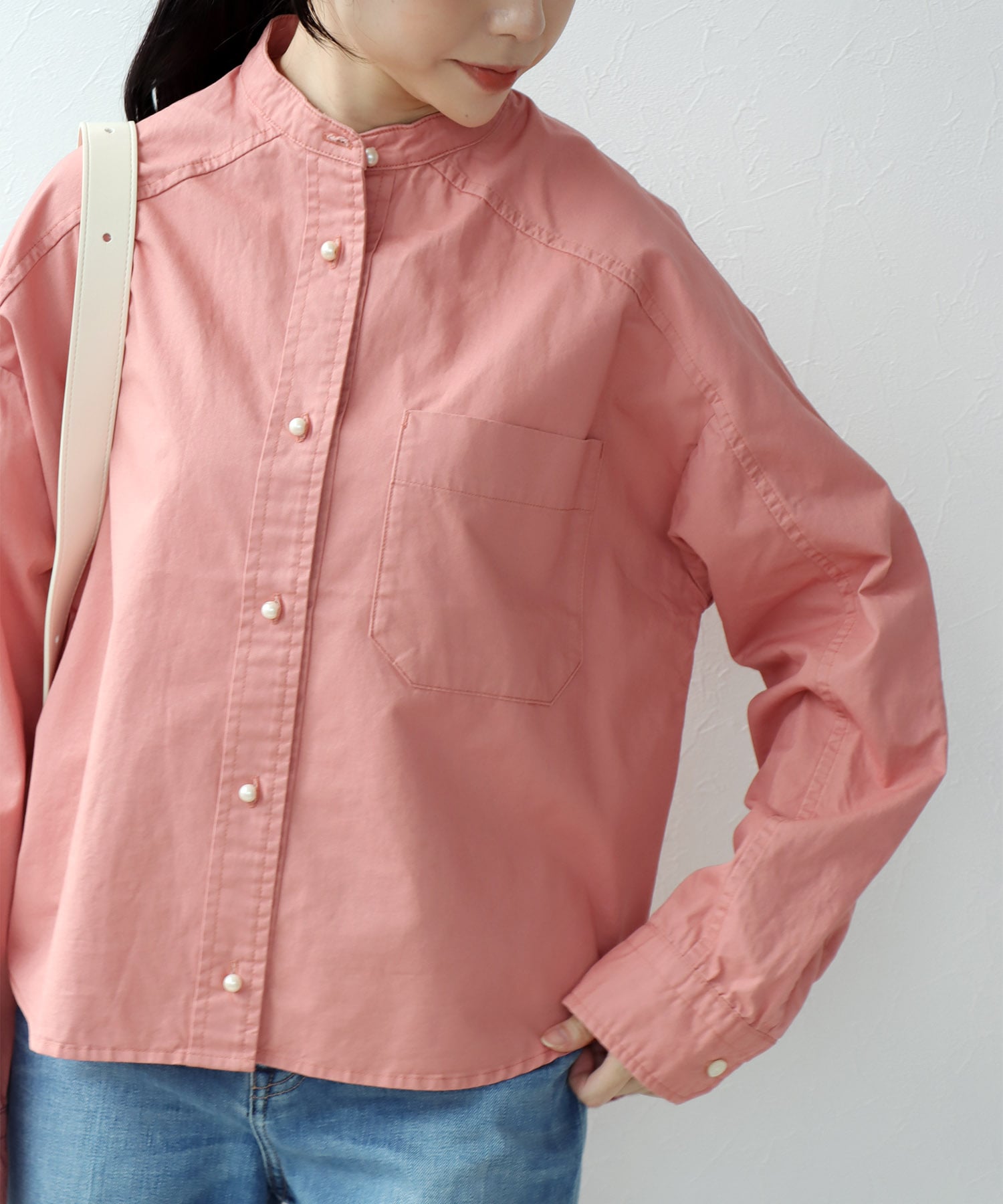 綿ツイル ノーカラーシャツブラウス