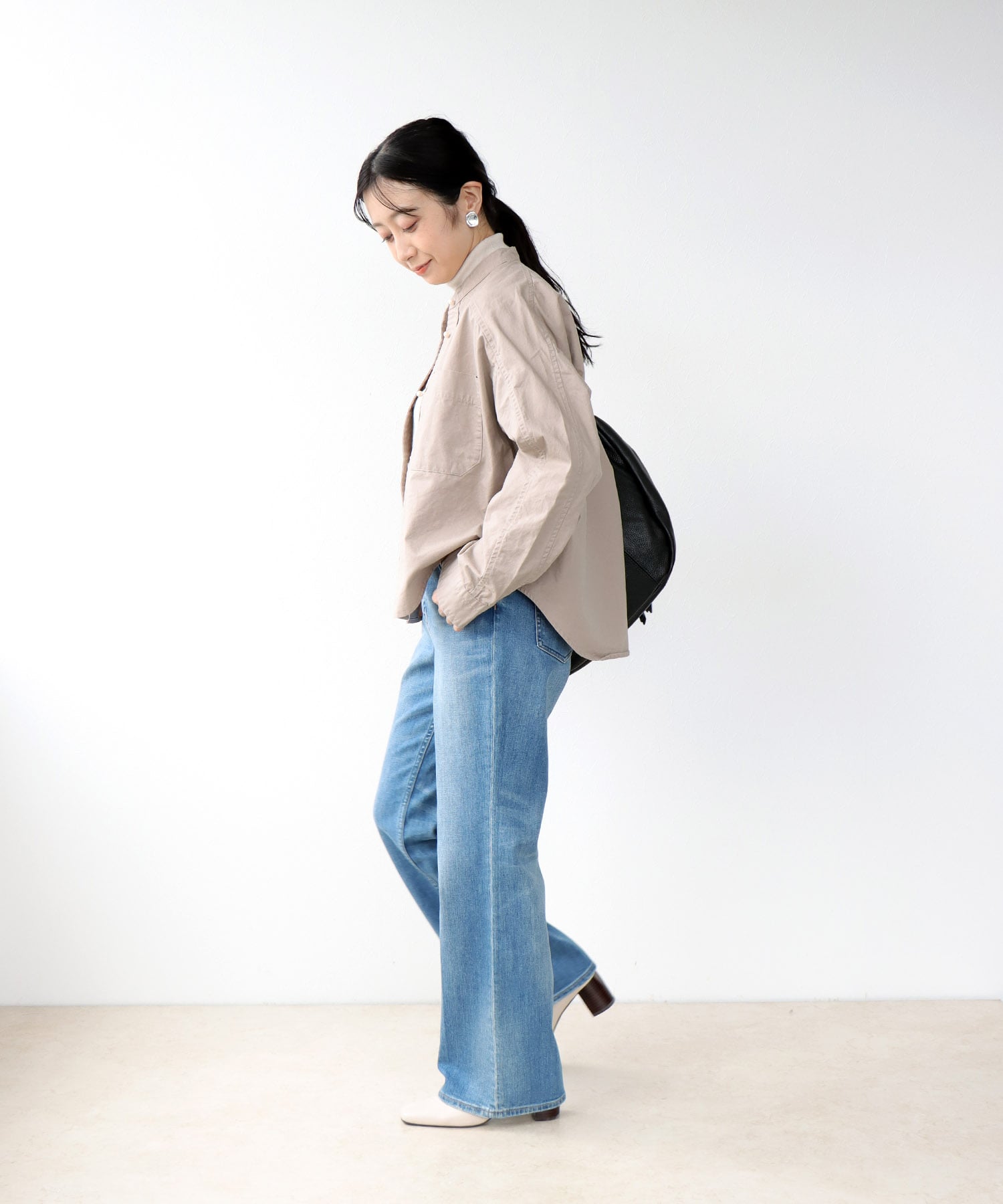 綿ツイル ノーカラーシャツブラウス