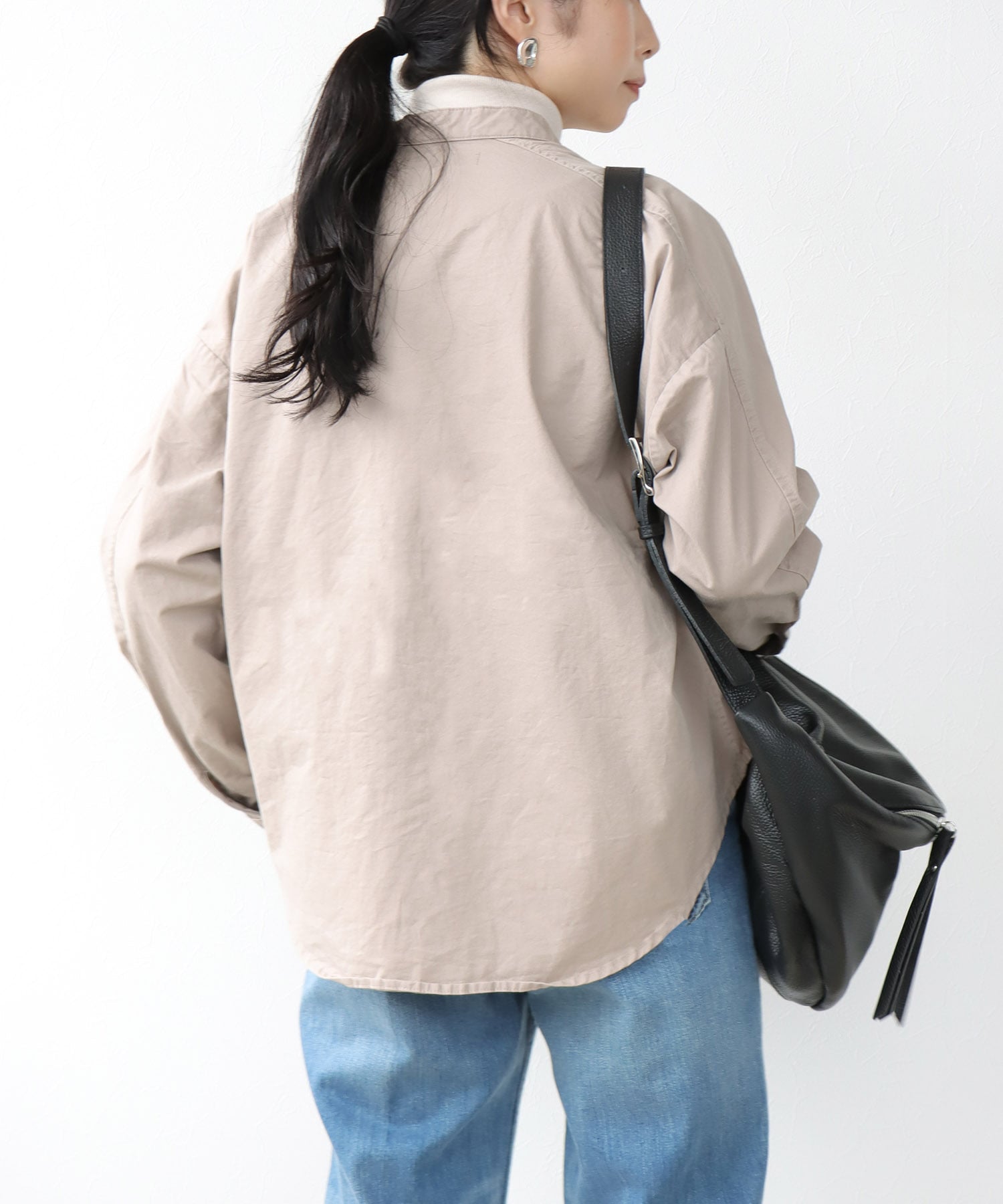 綿ツイル ノーカラーシャツブラウス