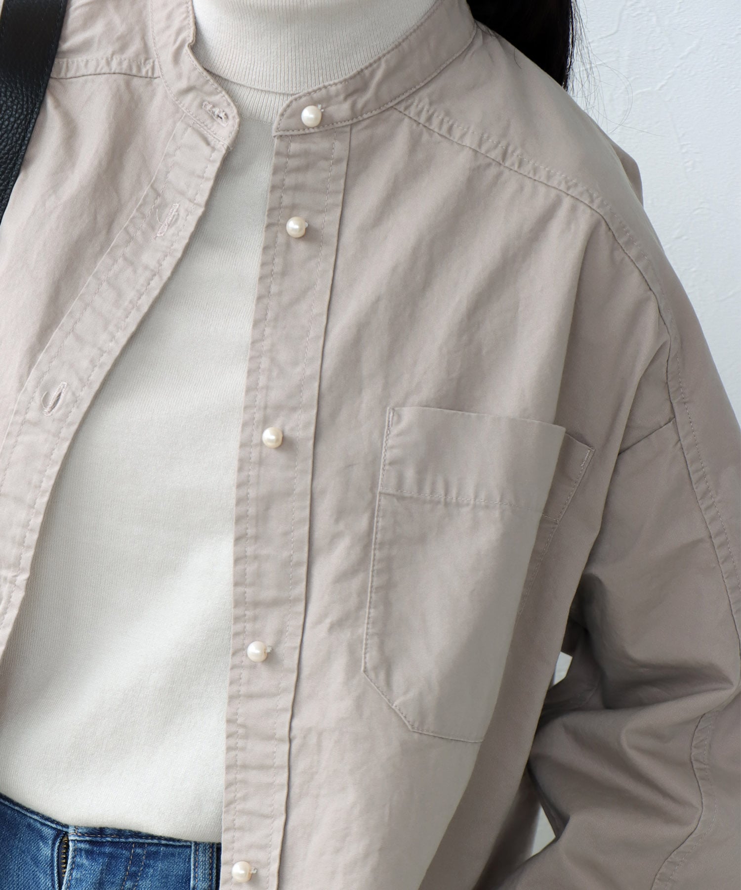 綿ツイル ノーカラーシャツブラウス