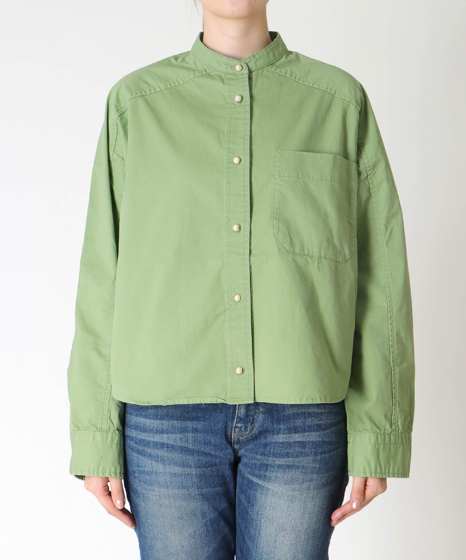 綿ツイル ノーカラーシャツブラウス