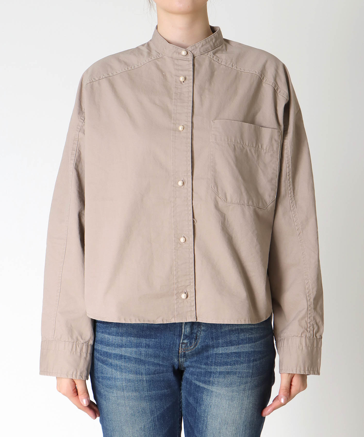 綿ツイル ノーカラーシャツブラウス