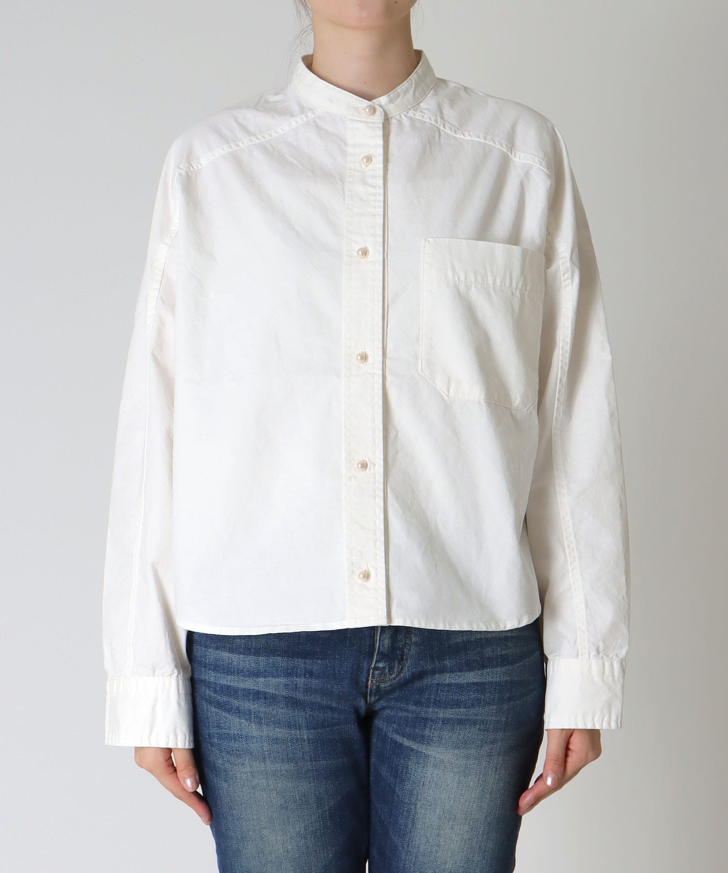 綿ツイル ノーカラーシャツブラウス