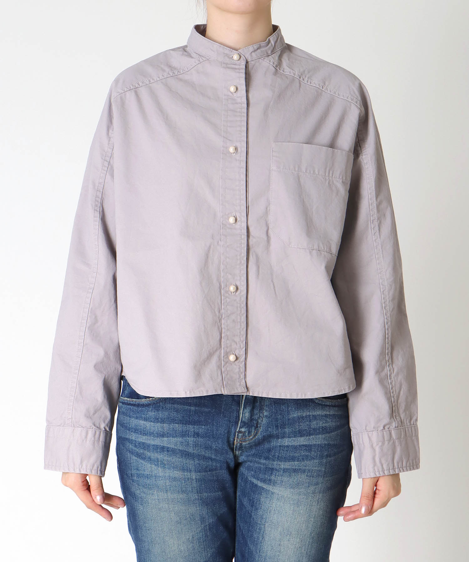 綿ツイル ノーカラーシャツブラウス