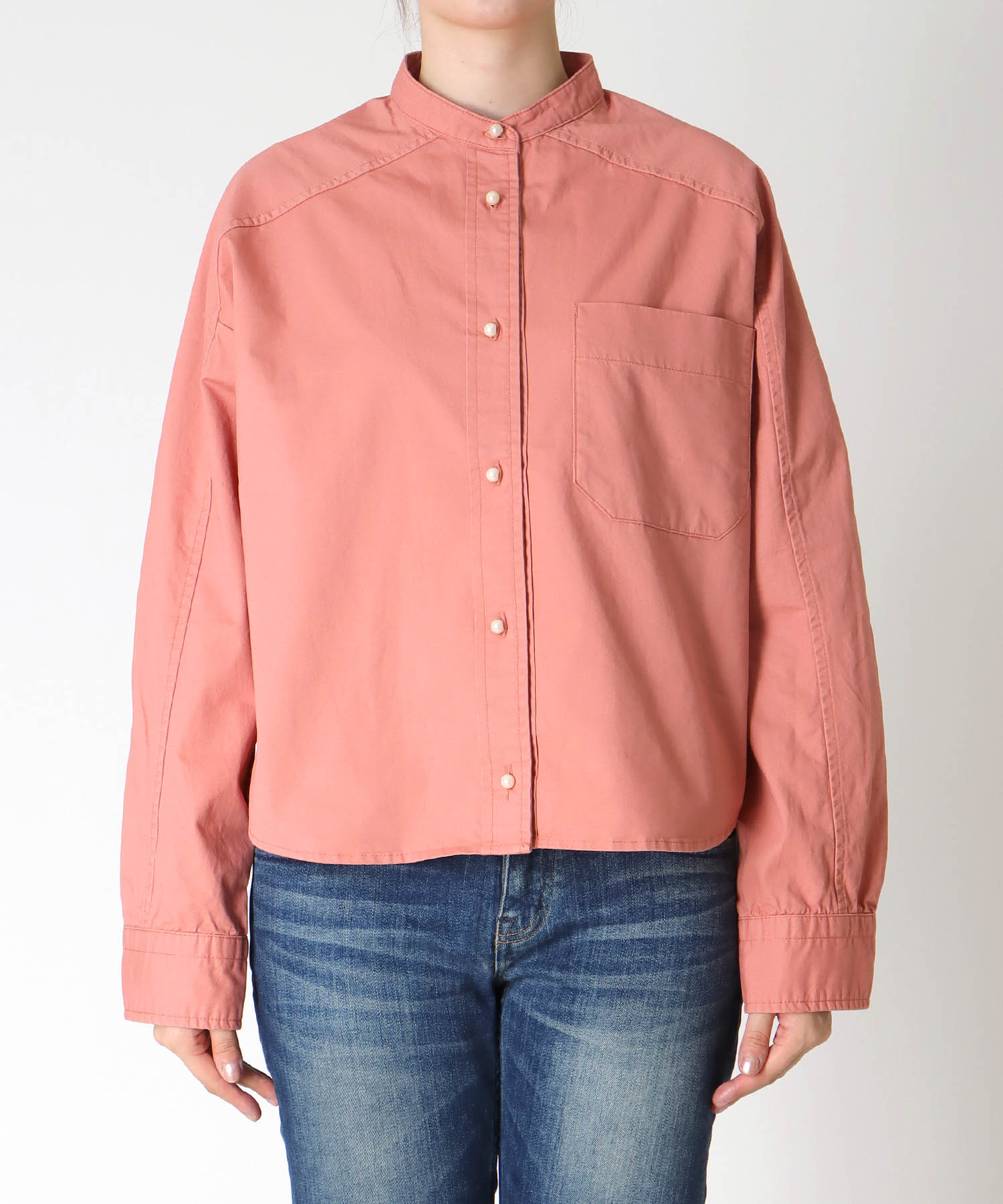 綿ツイル ノーカラーシャツブラウス