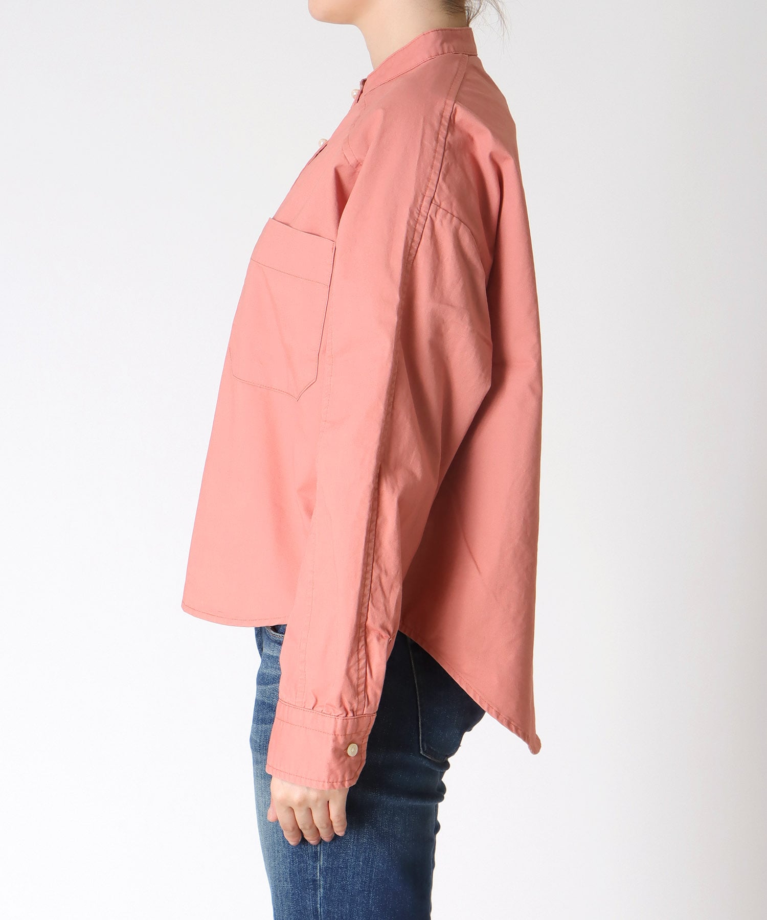 綿ツイル ノーカラーシャツブラウス