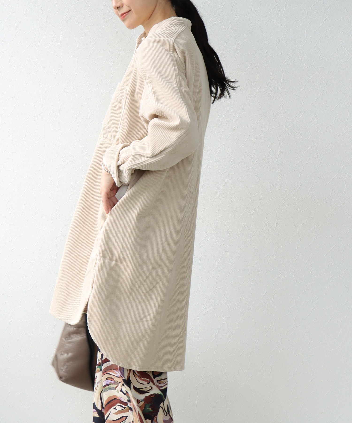 コーデュロイ ノーカラーシャツ