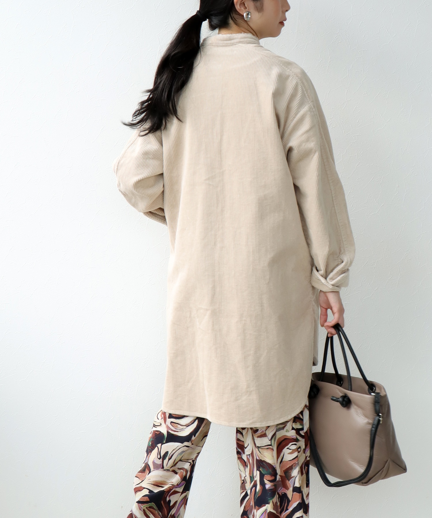 コーデュロイ ノーカラーシャツ