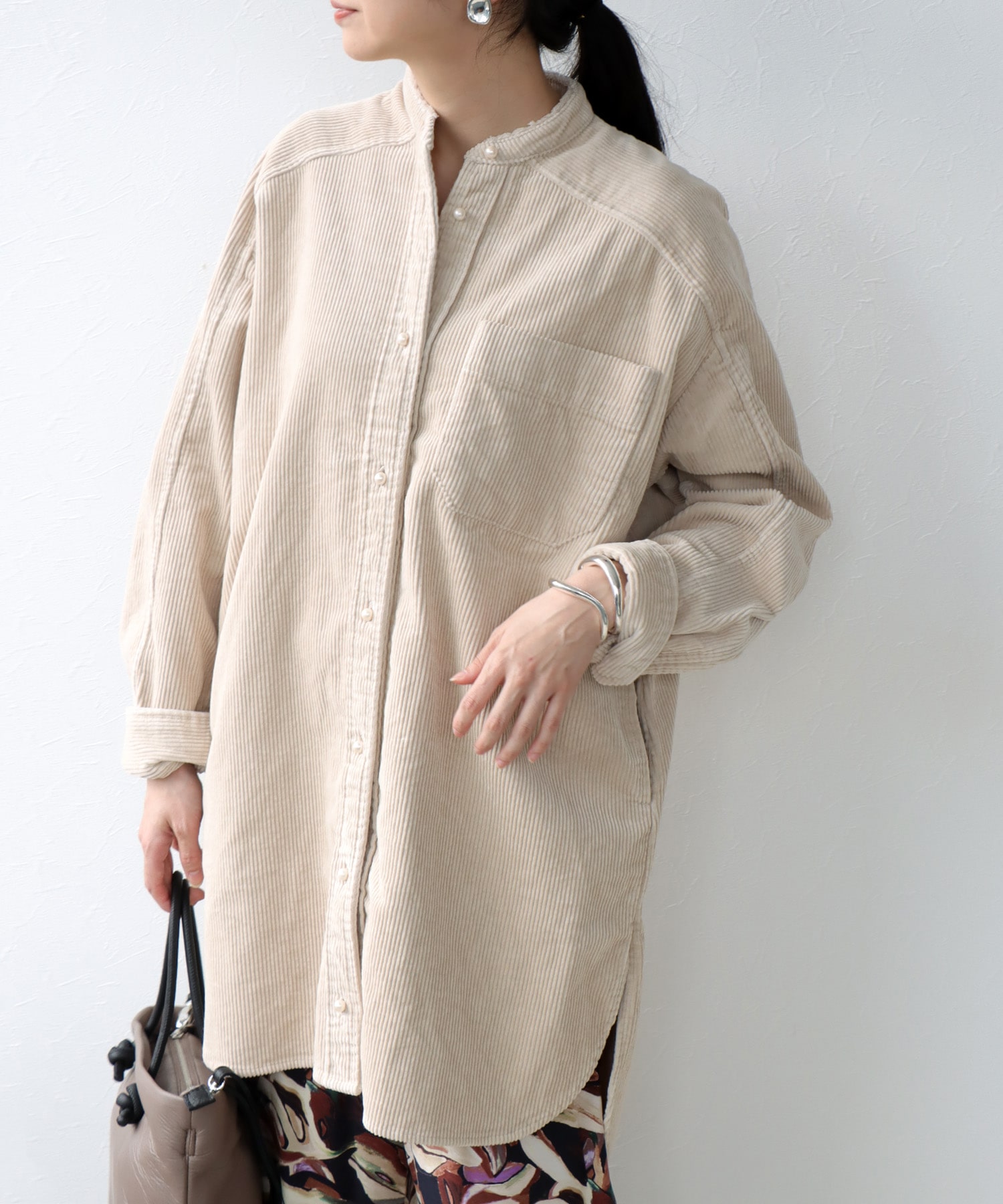 コーデュロイ ノーカラーシャツ