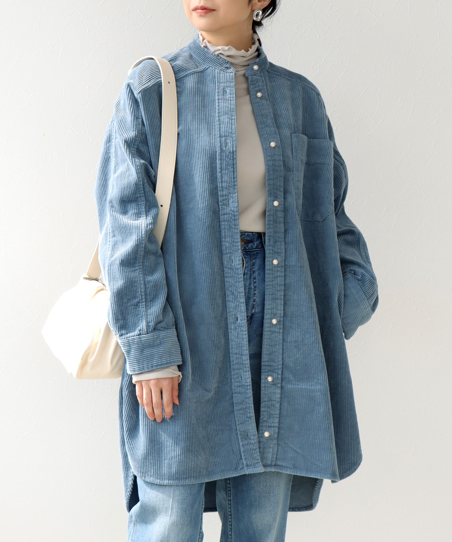 コーデュロイ ノーカラーシャツ