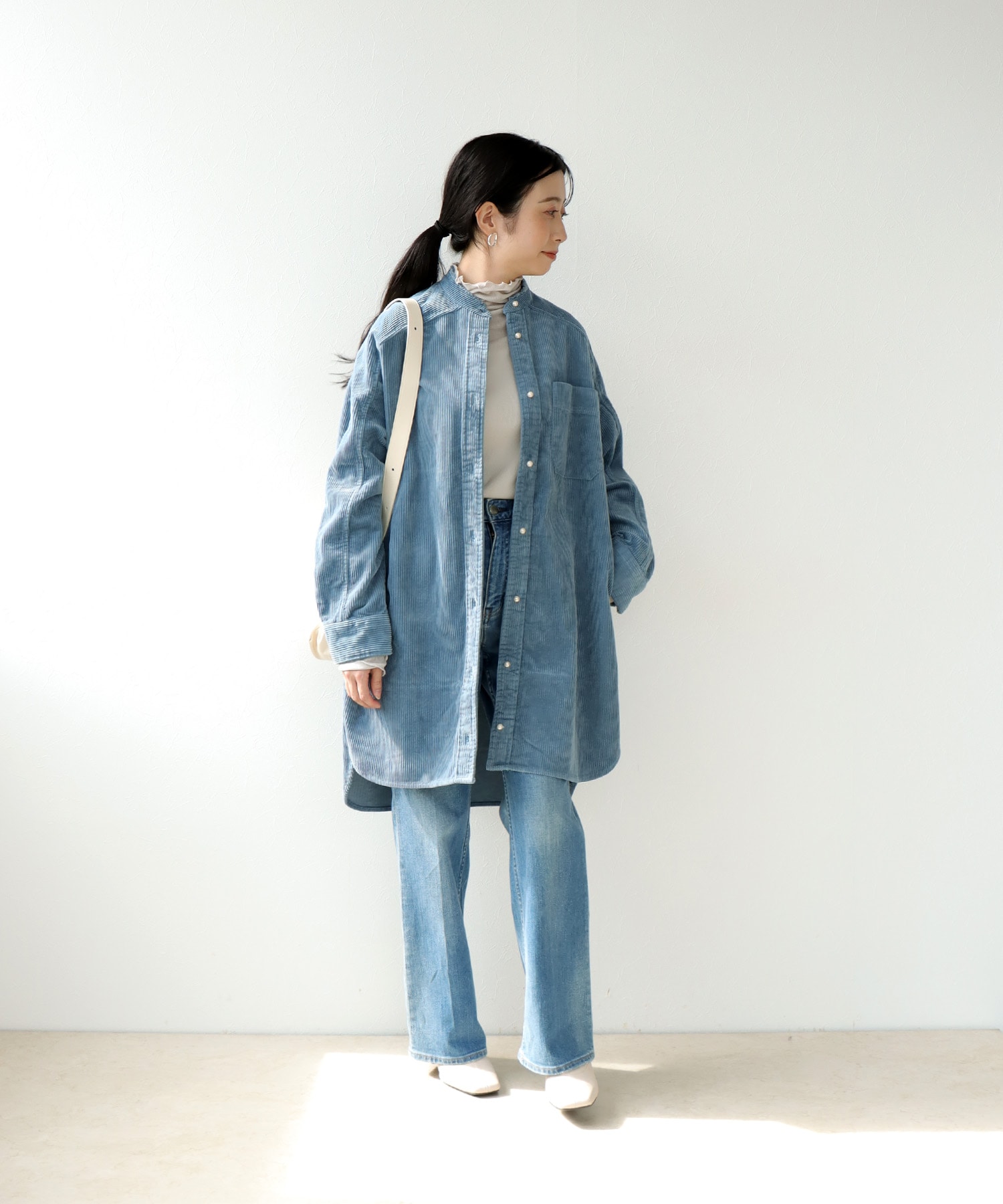 コーデュロイ ノーカラーシャツ