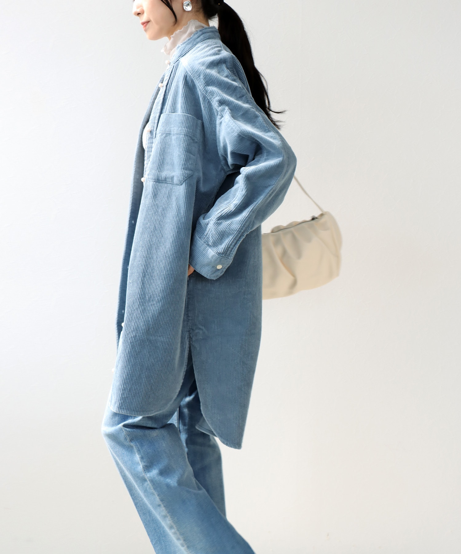 コーデュロイ ノーカラーシャツ