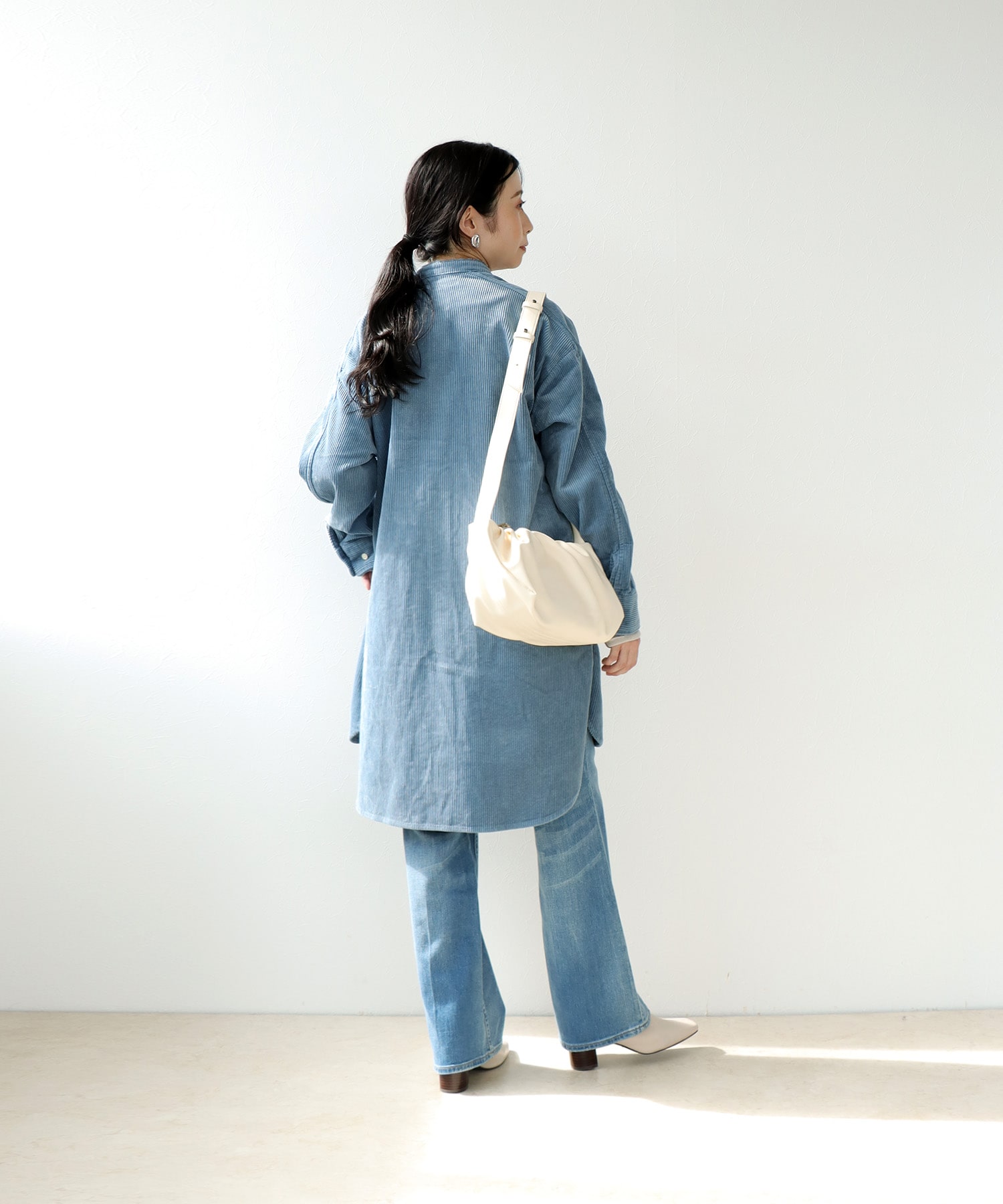 コーデュロイ ノーカラーシャツ