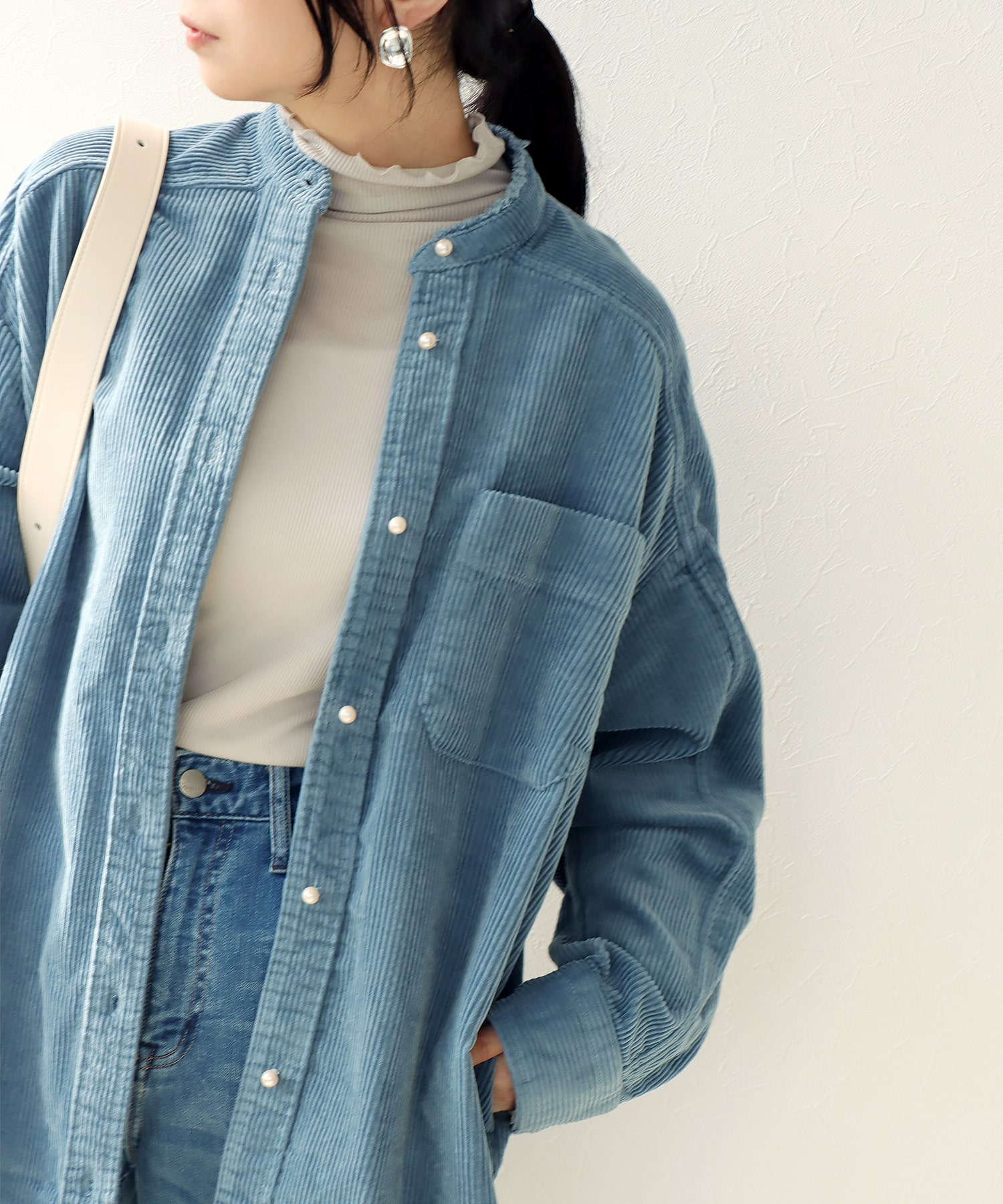 コーデュロイ ノーカラーシャツ