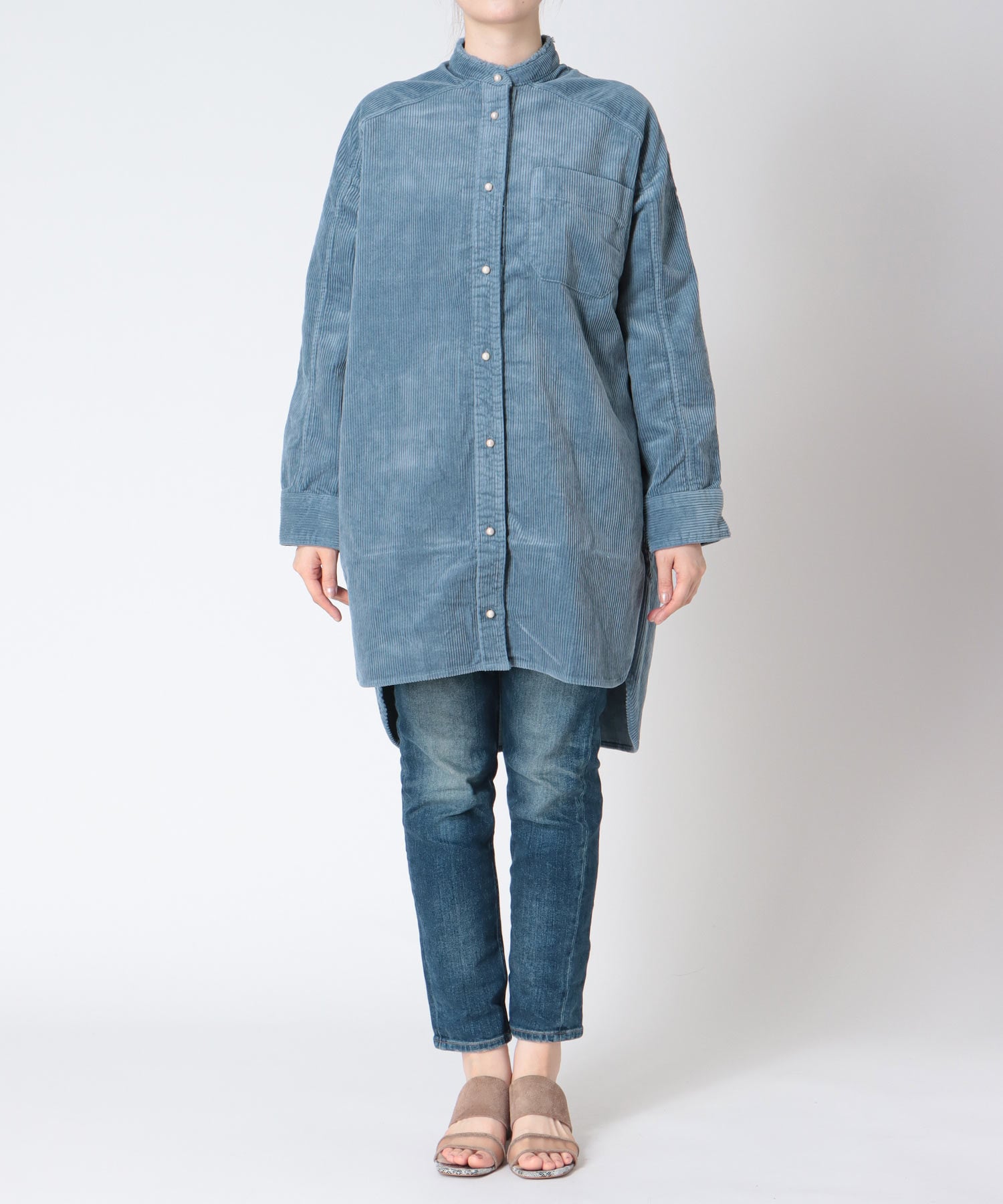 コーデュロイ ノーカラーシャツ