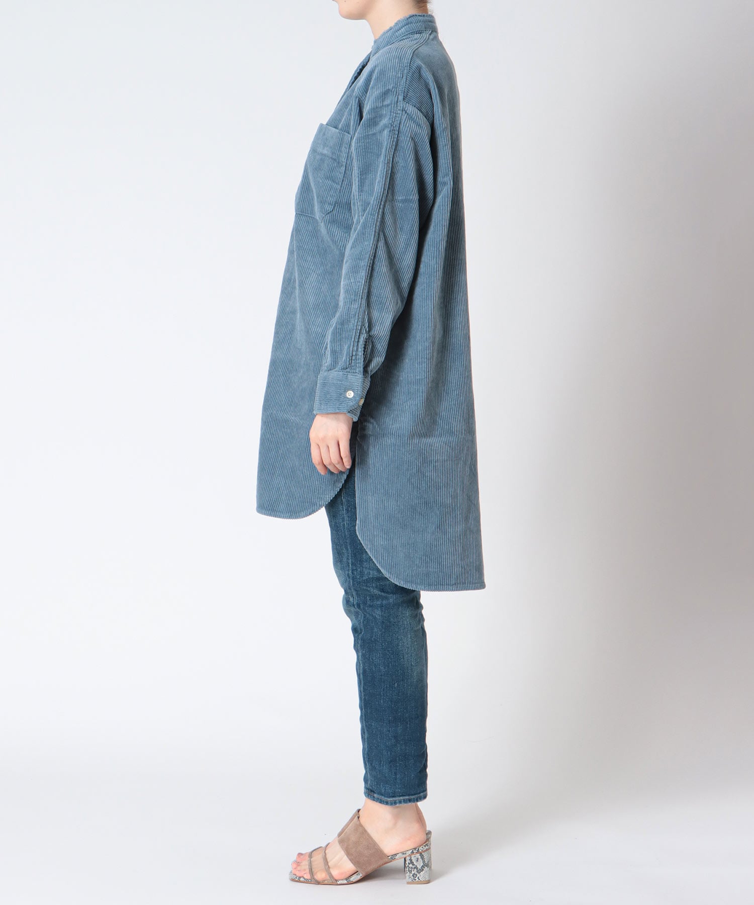コーデュロイ ノーカラーシャツ