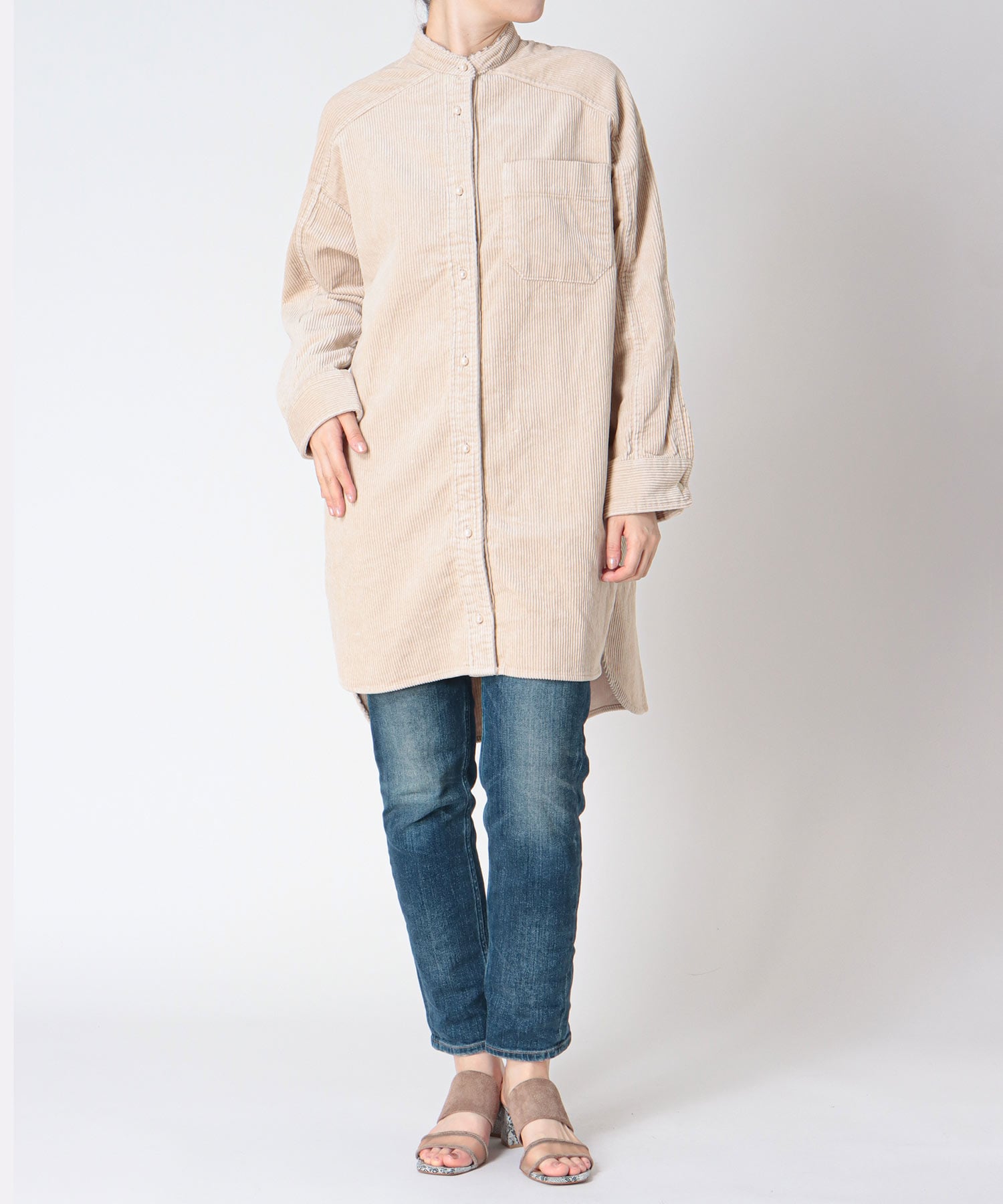 コーデュロイ ノーカラーシャツ
