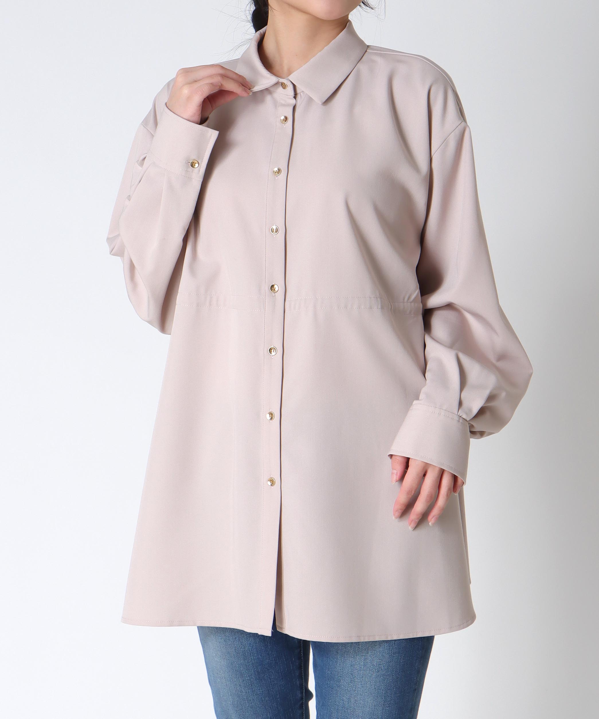 ストレッチカルゼウエストギャザーシャツ