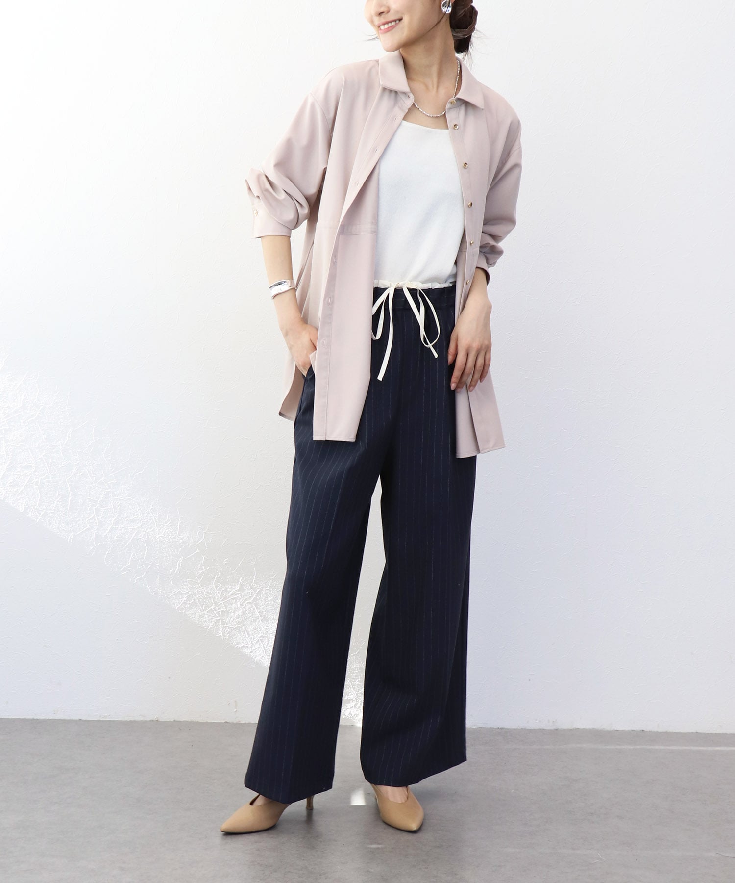 ストレッチカルゼウエストギャザーシャツ