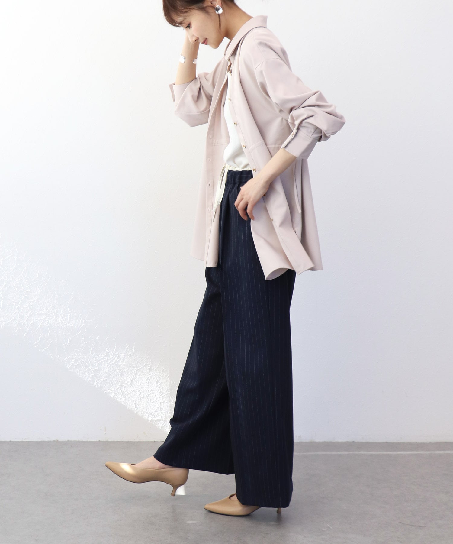 ストレッチカルゼウエストギャザーシャツ