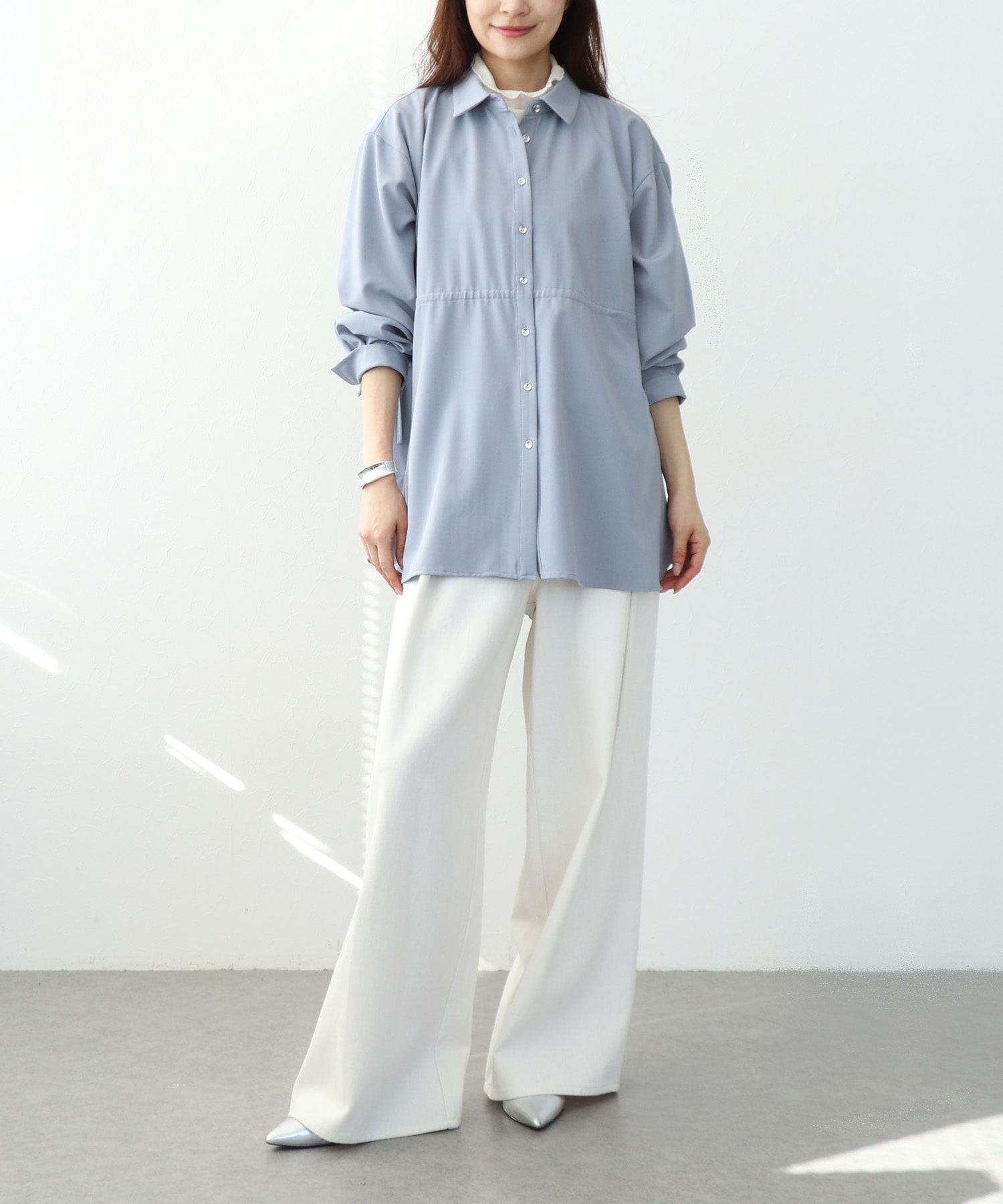 ストレッチカルゼウエストギャザーシャツ