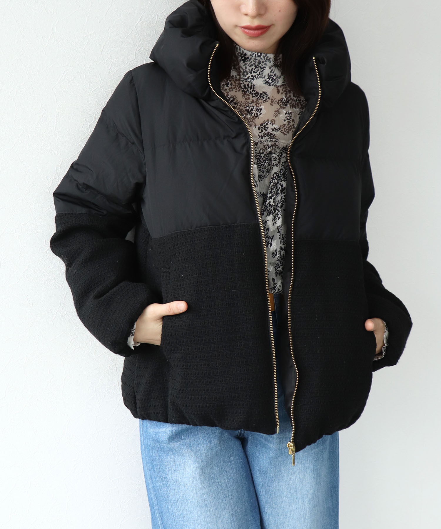 ツィード×タフタ ダウンジャケット