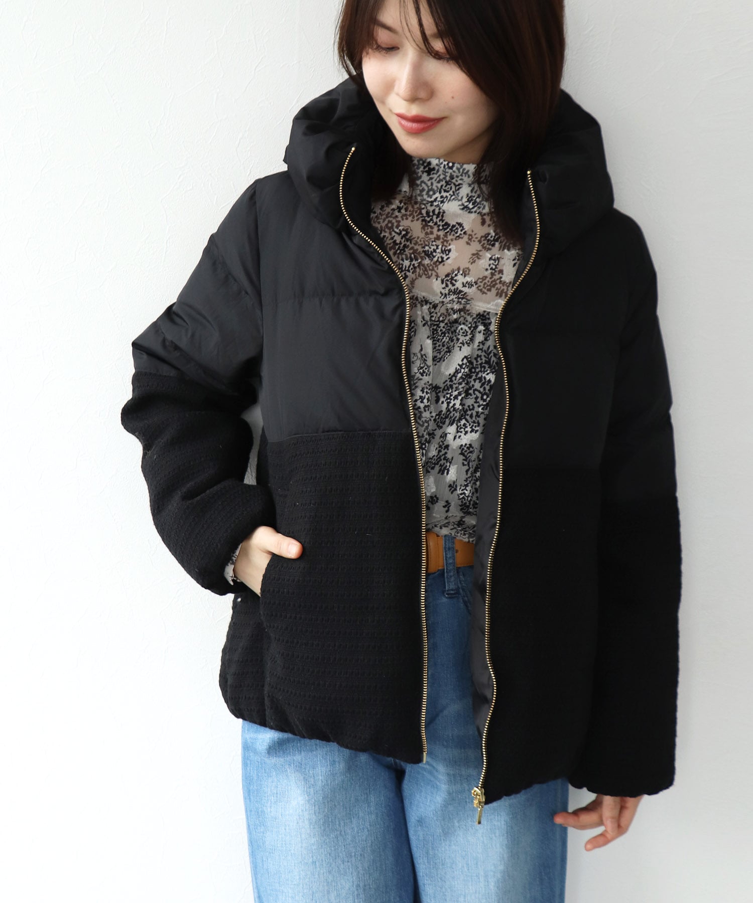 ツィード×タフタ ダウンジャケット