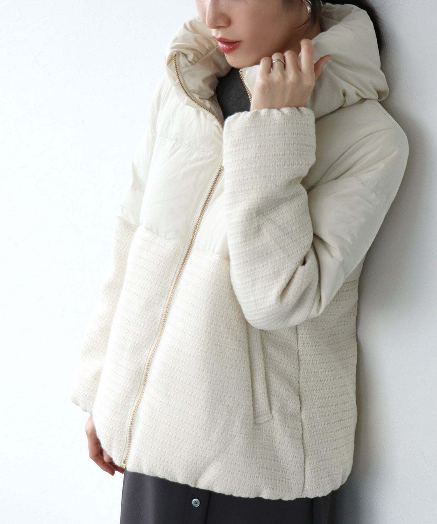 ツィード×タフタ ダウンジャケット