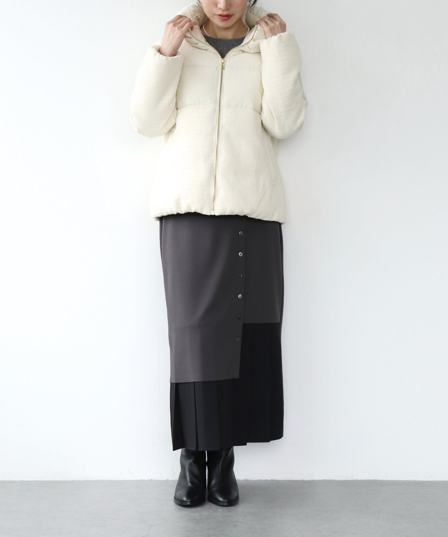 ツィード×タフタ ダウンジャケット