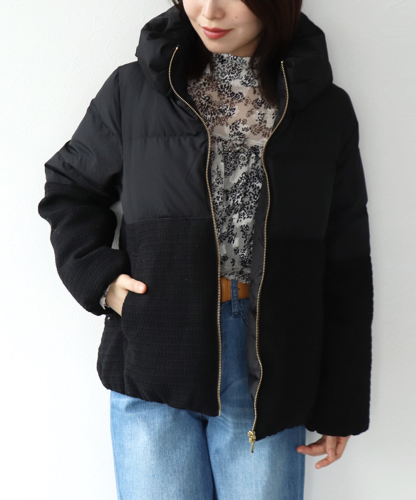 ツィード×タフタ ダウンジャケット