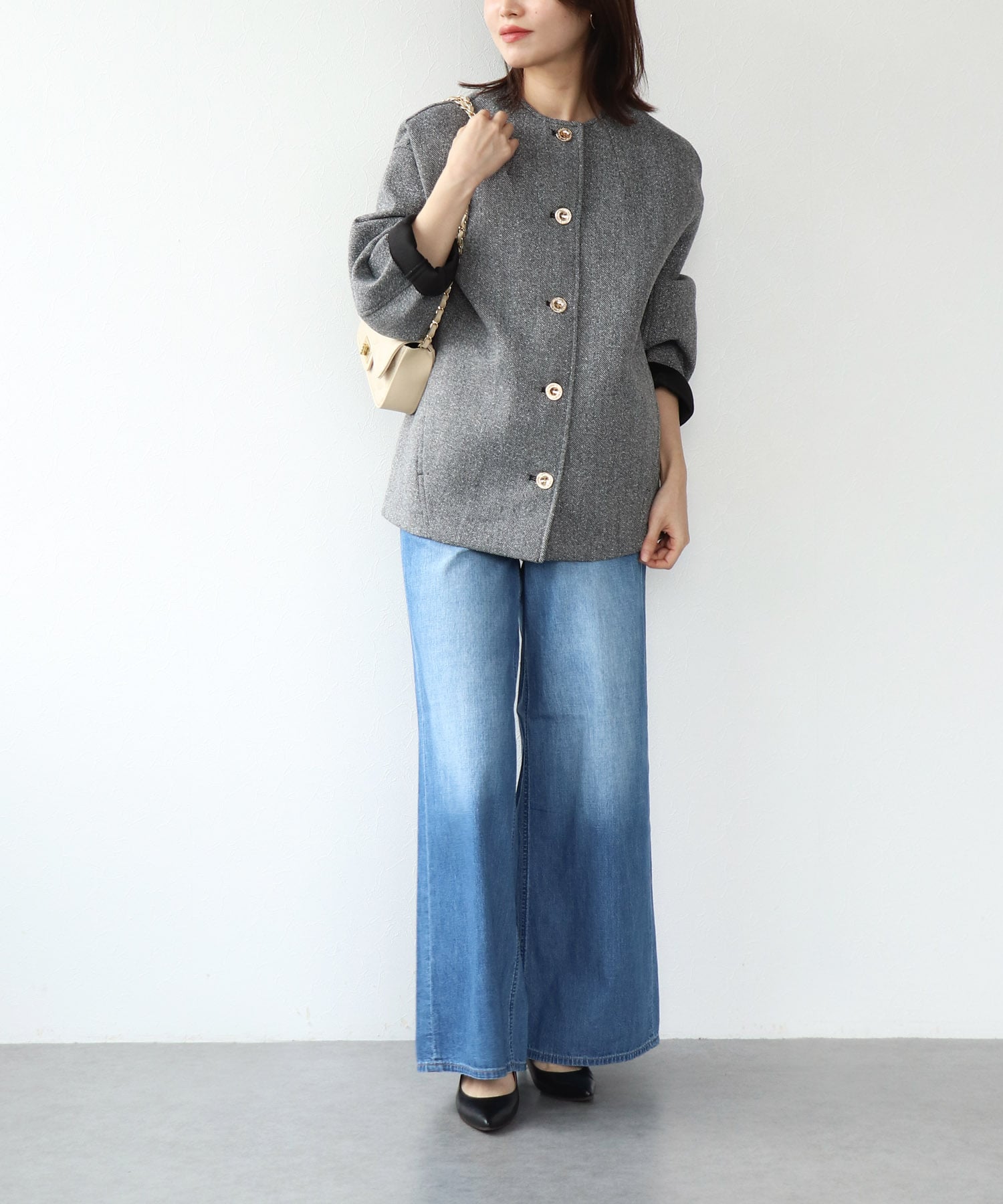 ツィードボンディングノーカラージャケット