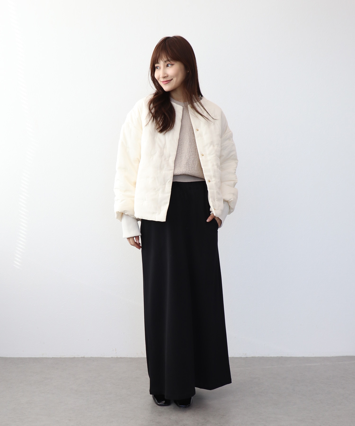 ドット刺繍キルティングノーカラージャケット