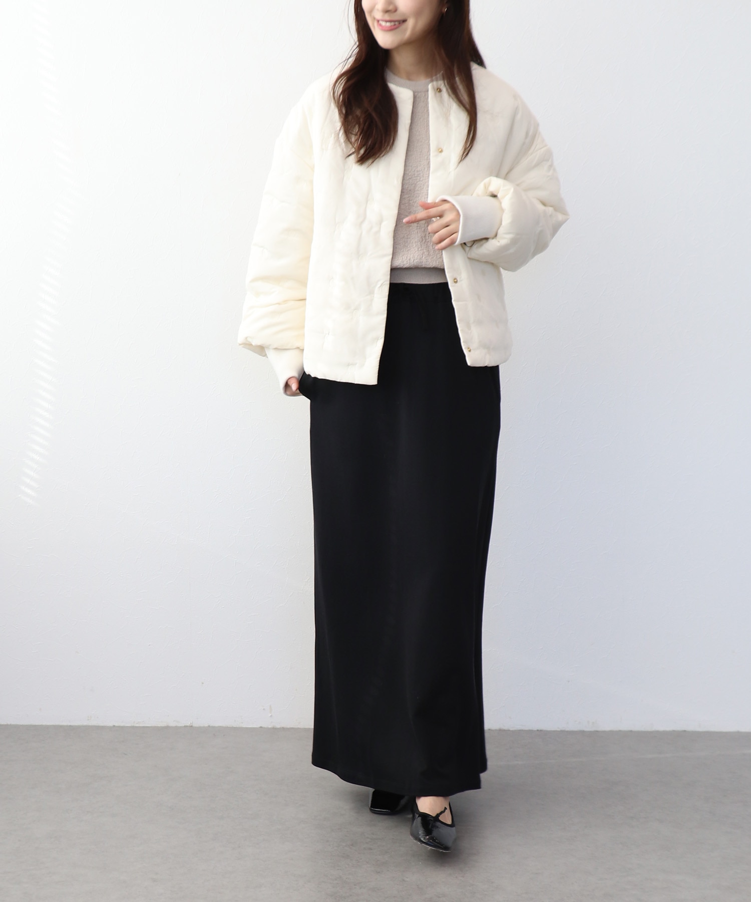 ドット刺繍キルティングノーカラージャケット