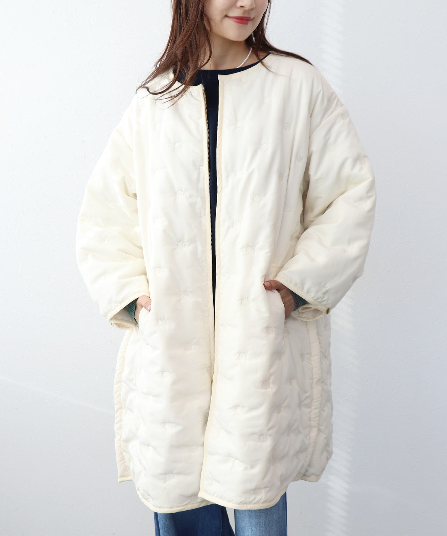 ドット刺繍キルティング 中綿ノーカラーコート