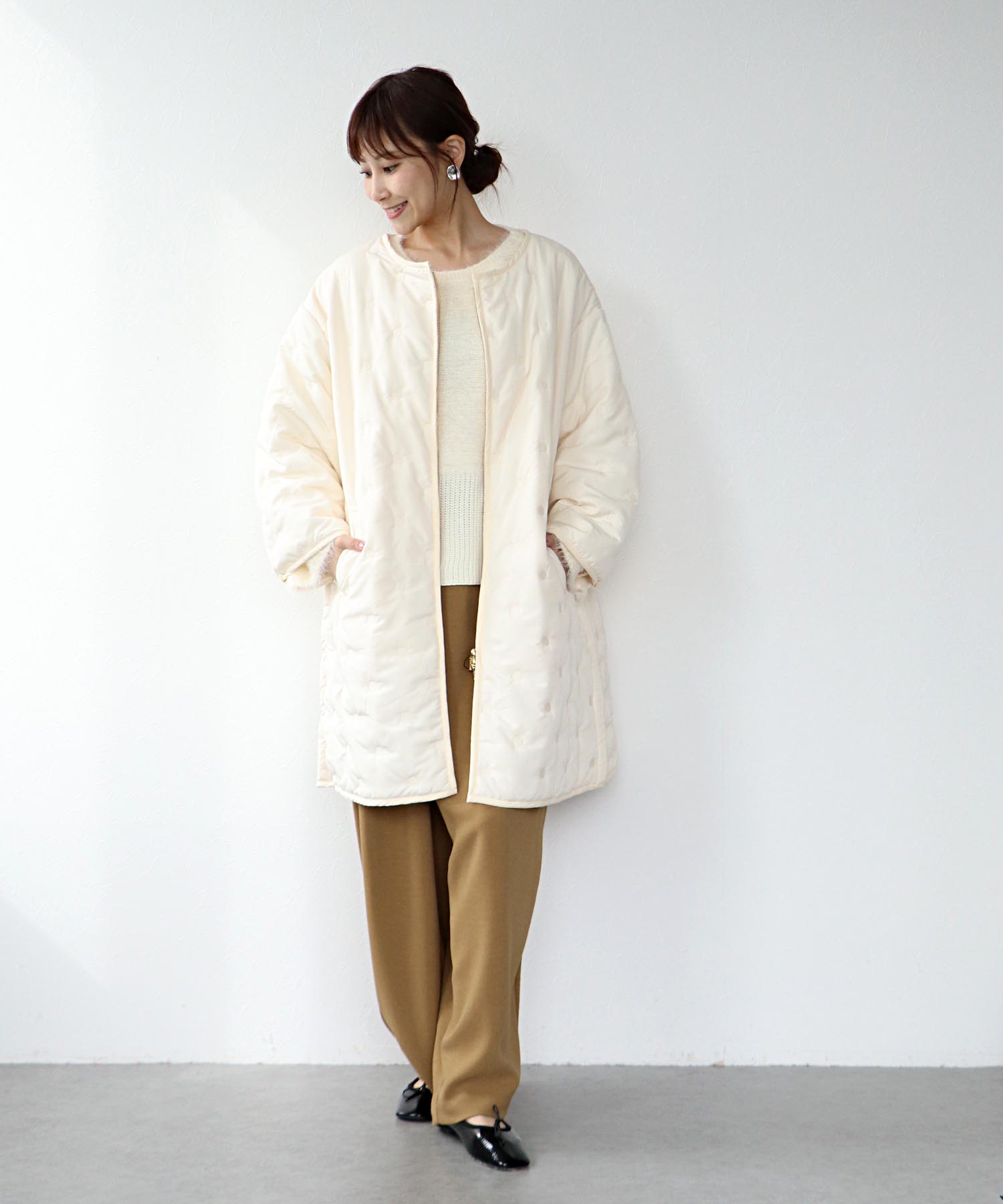 ドット刺繍キルトノーカラーコート