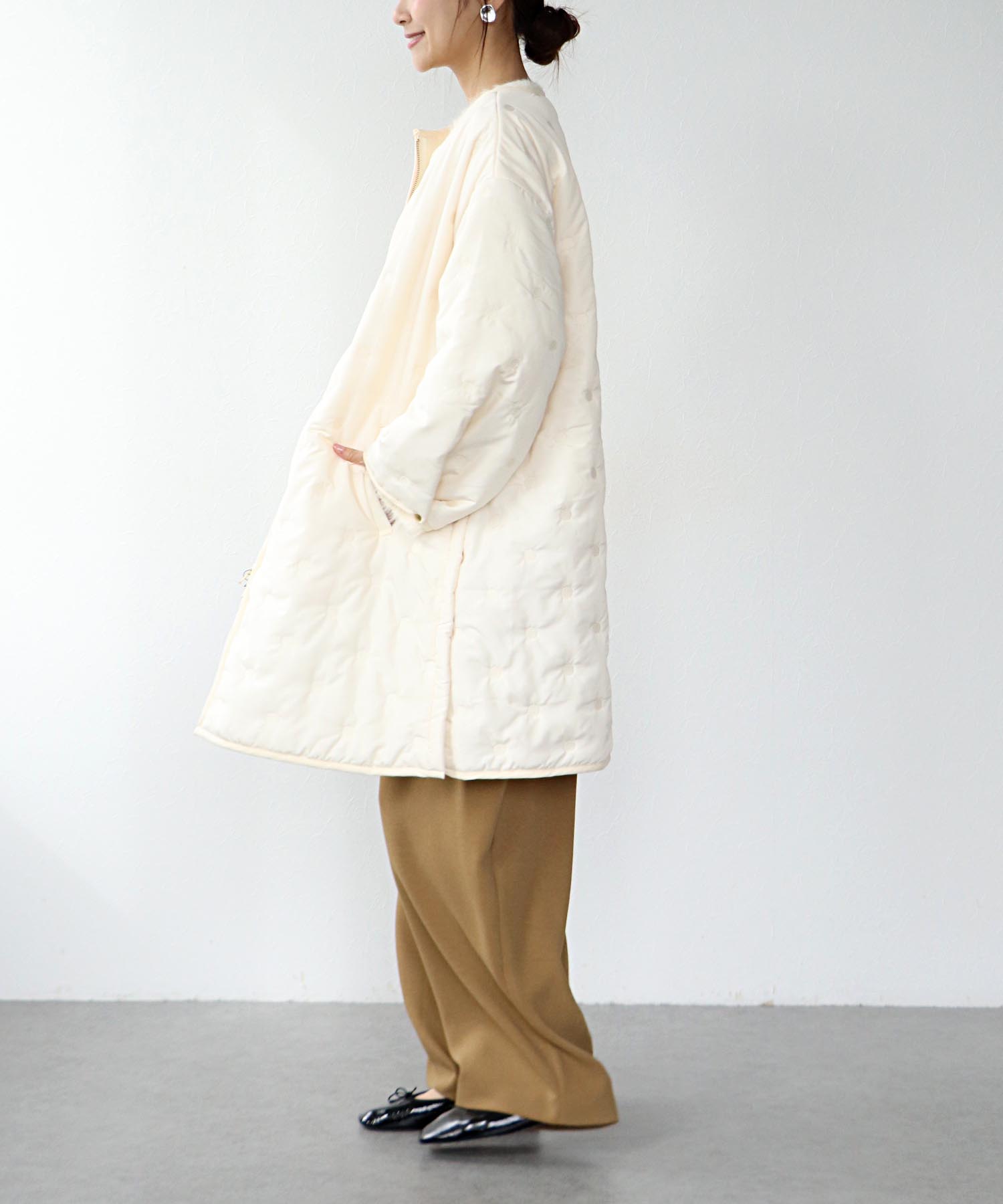 ドット刺繍キルトノーカラーコート