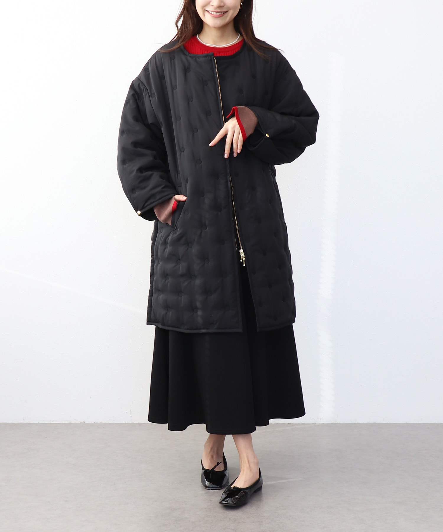 ドット刺繍キルトノーカラーコート