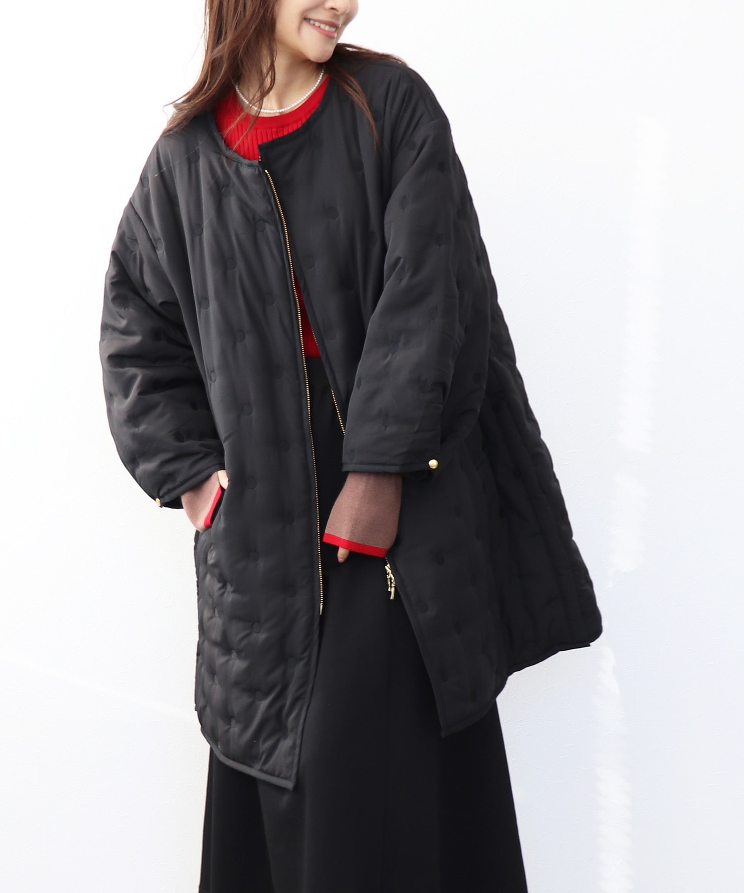 ドット刺繍キルトノーカラーコート