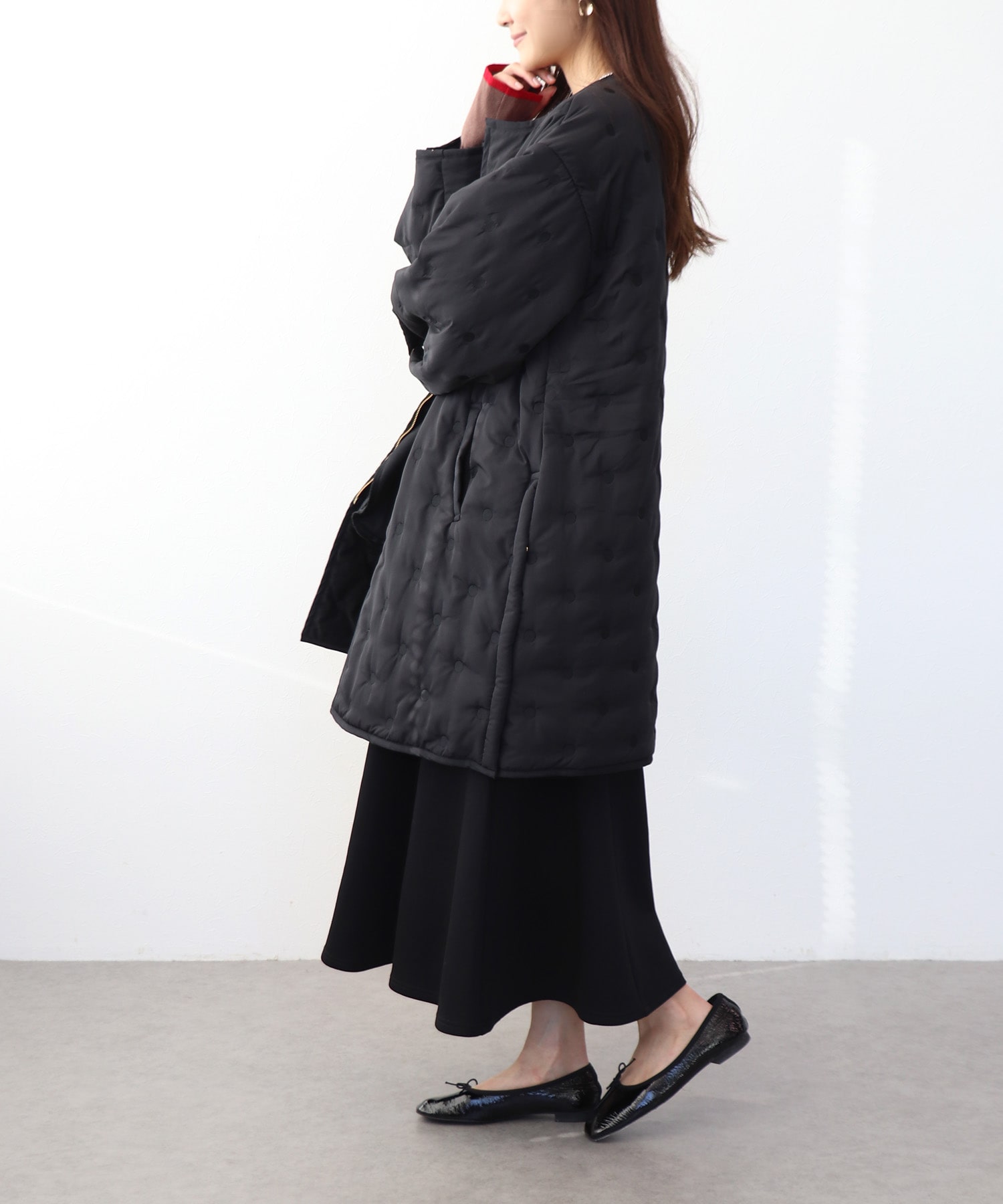 ドット刺繍キルトノーカラーコート