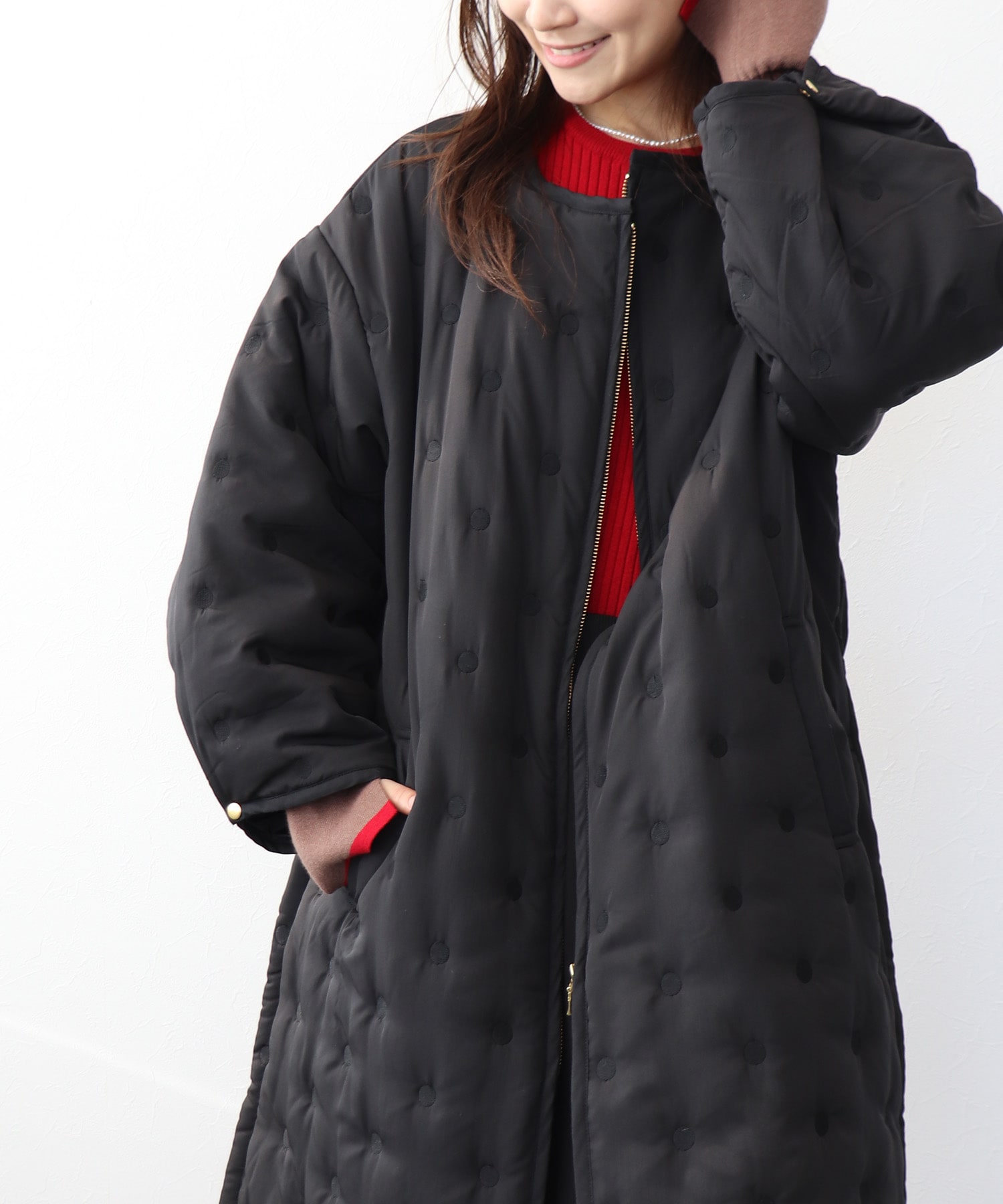 ドット刺繍キルトノーカラーコート