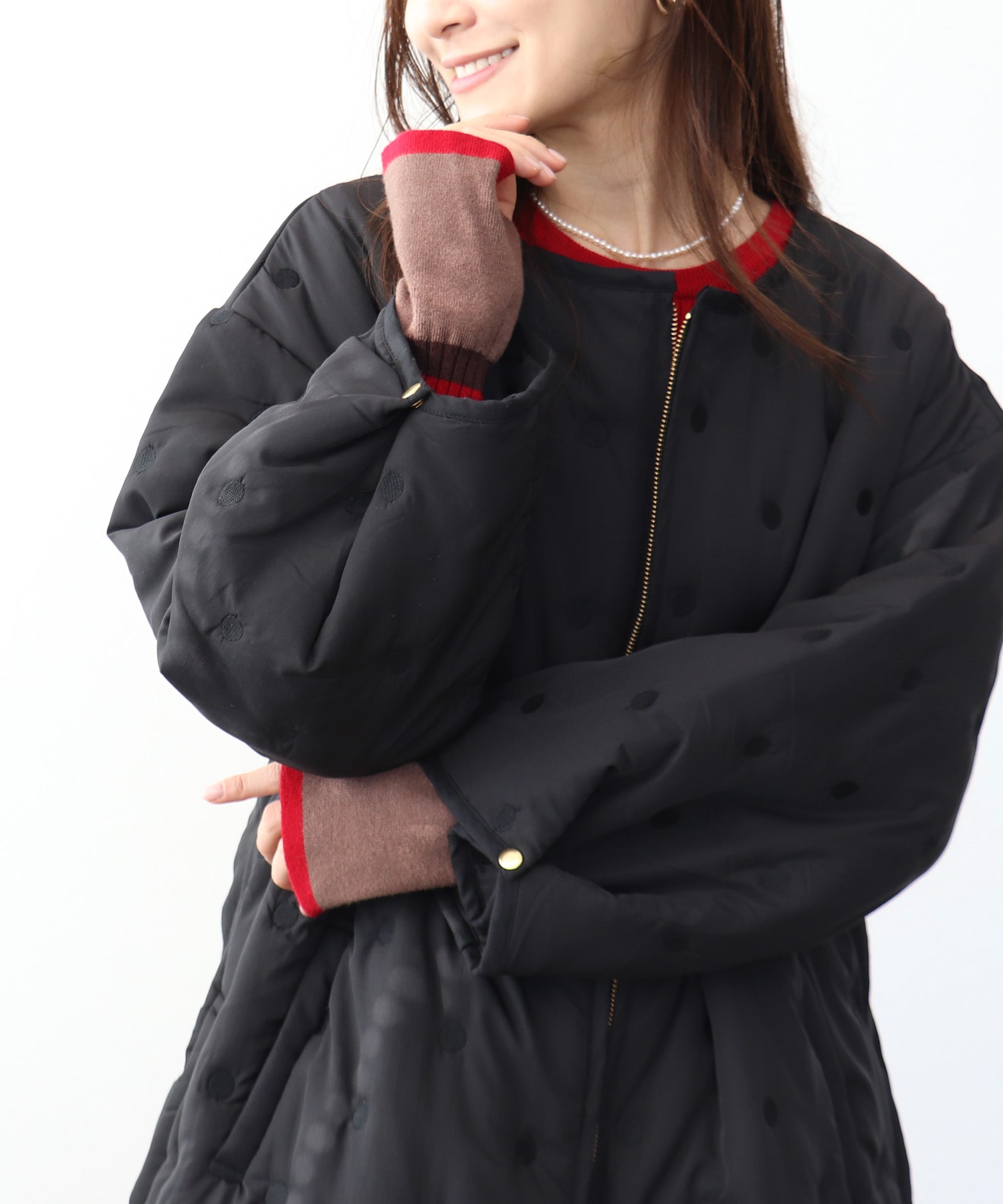 ドット刺繍キルトノーカラーコート