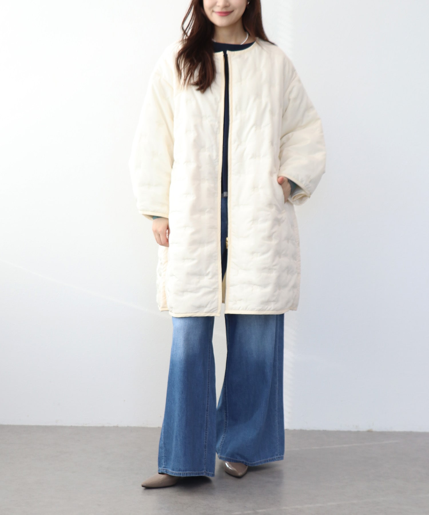 ドット刺繍キルトノーカラーコート