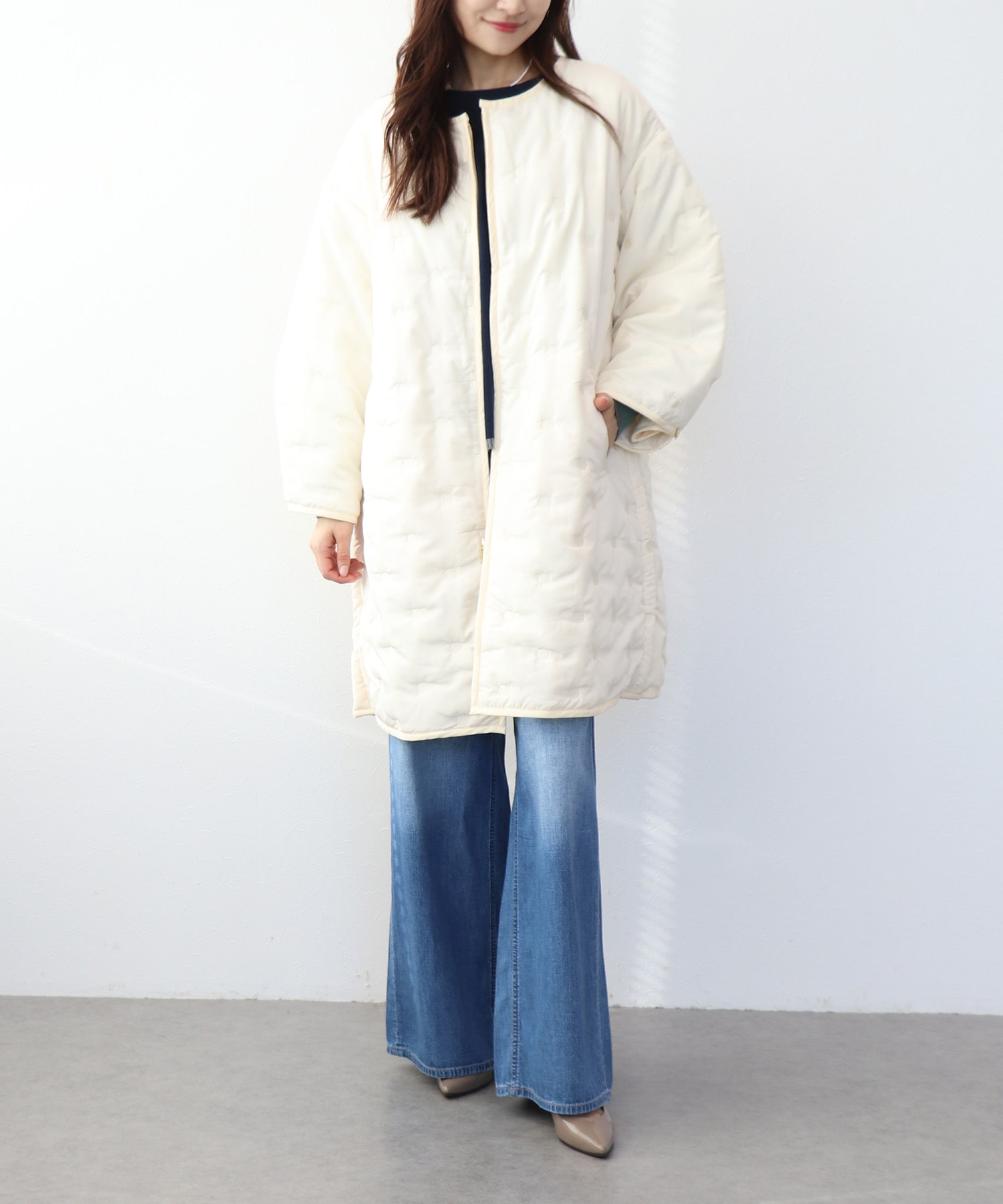 ドット刺繍キルトノーカラーコート