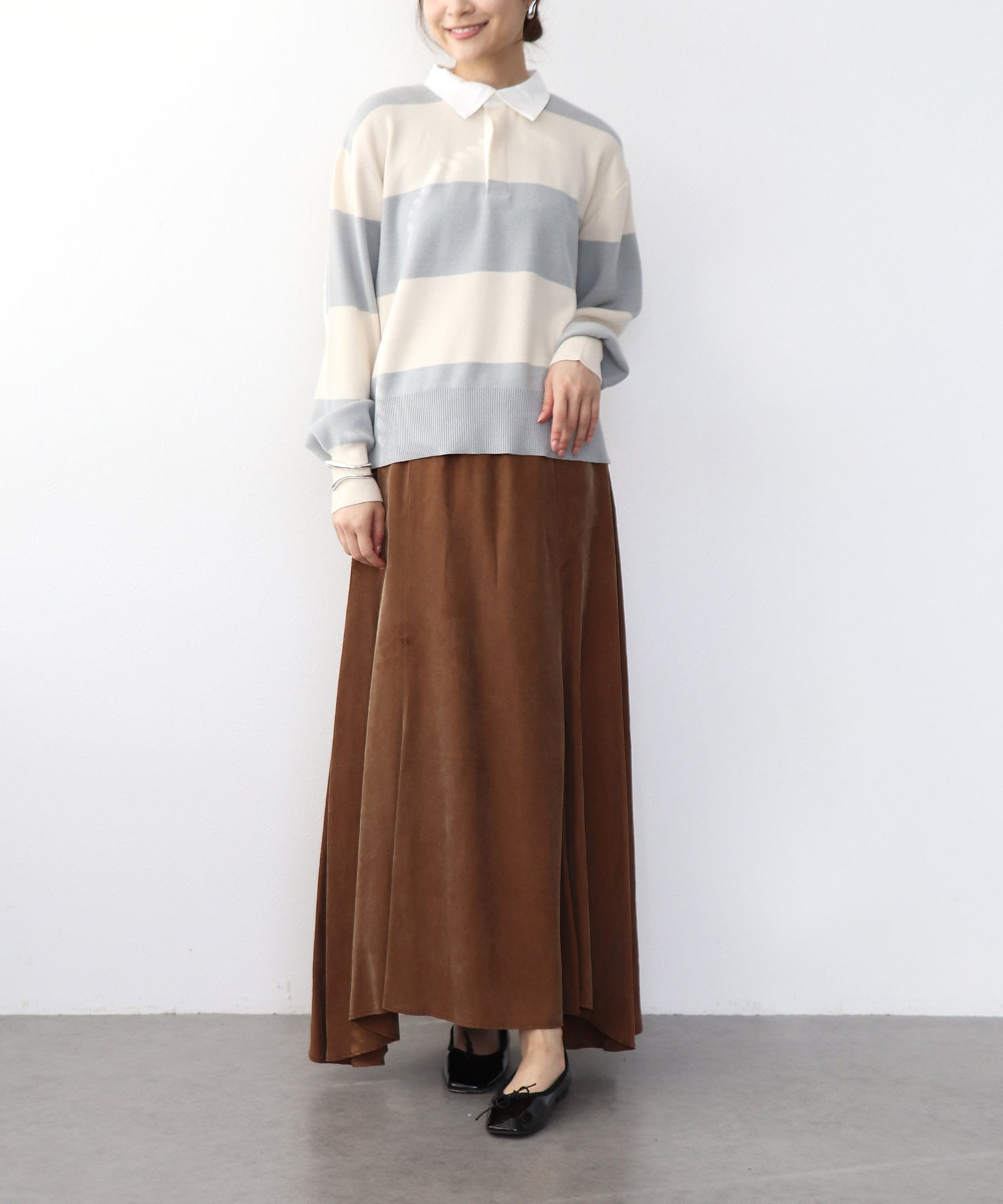 強撚ニットポロトップス