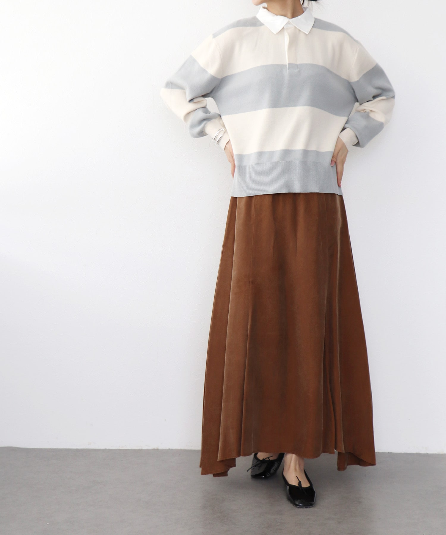 強撚ニットポロトップス