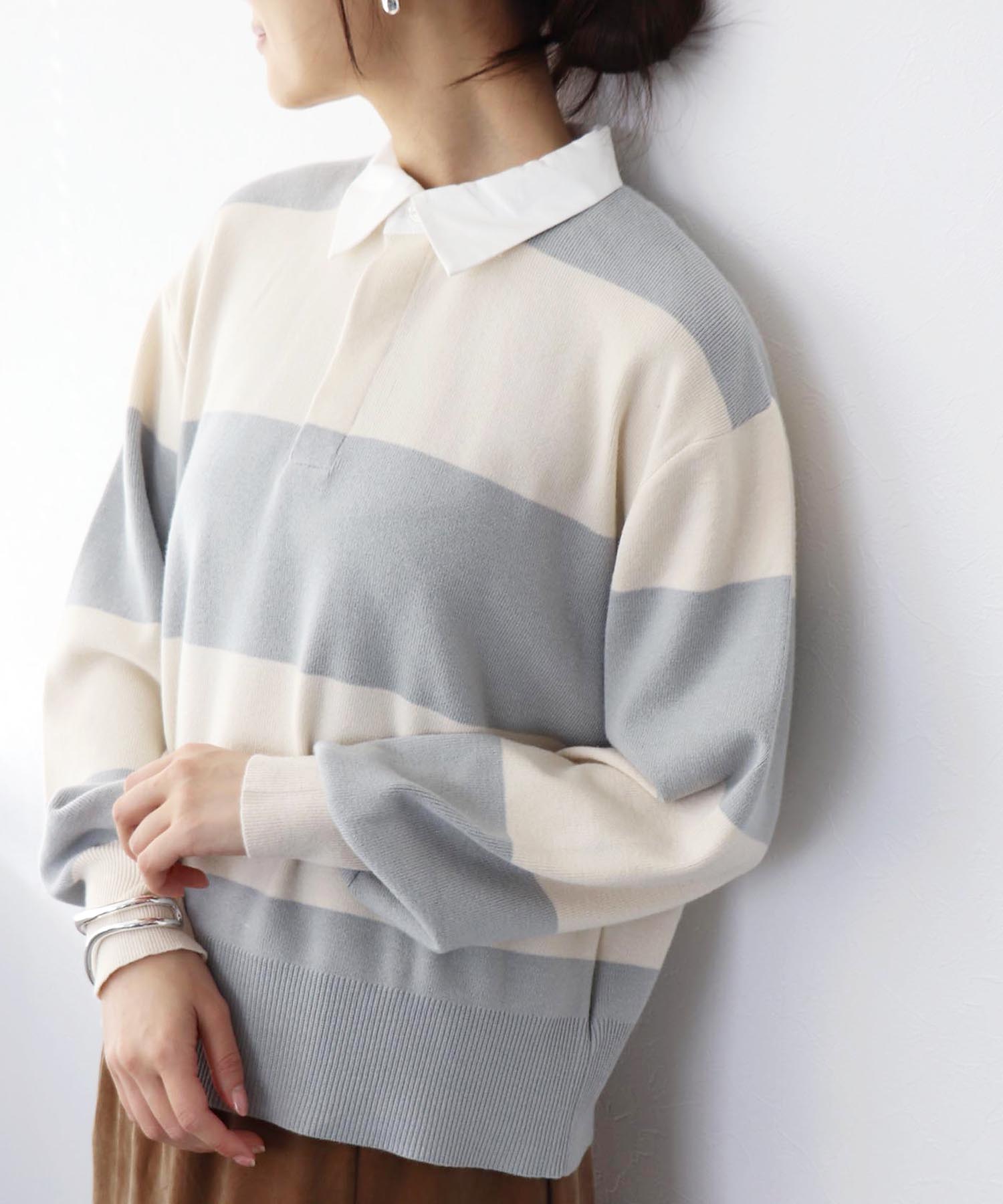 強撚ニットポロトップス